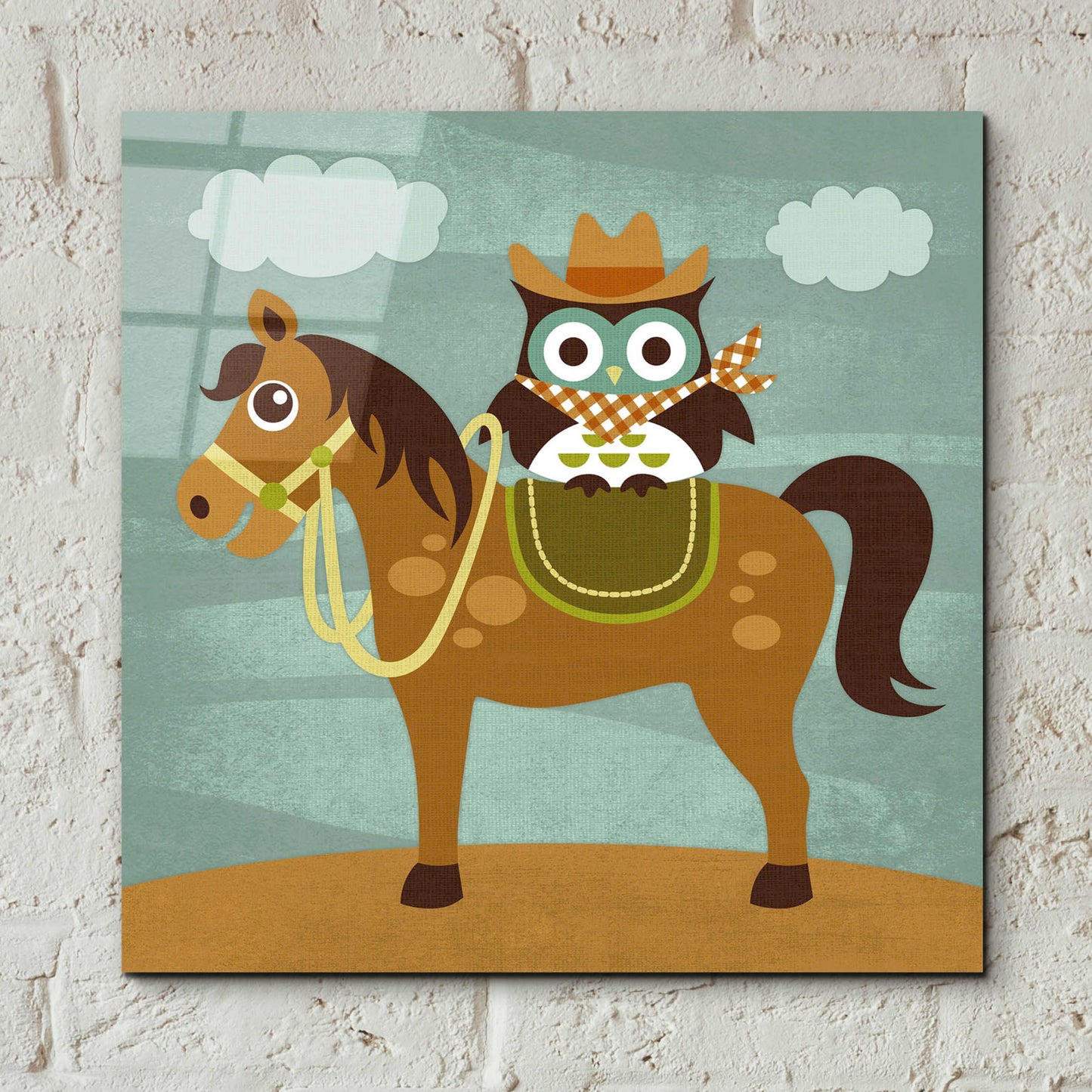 Epic Art 'Cowboy Owl on Horse' by Nancy Lee, Acrylic Glass Wall Art,12x12