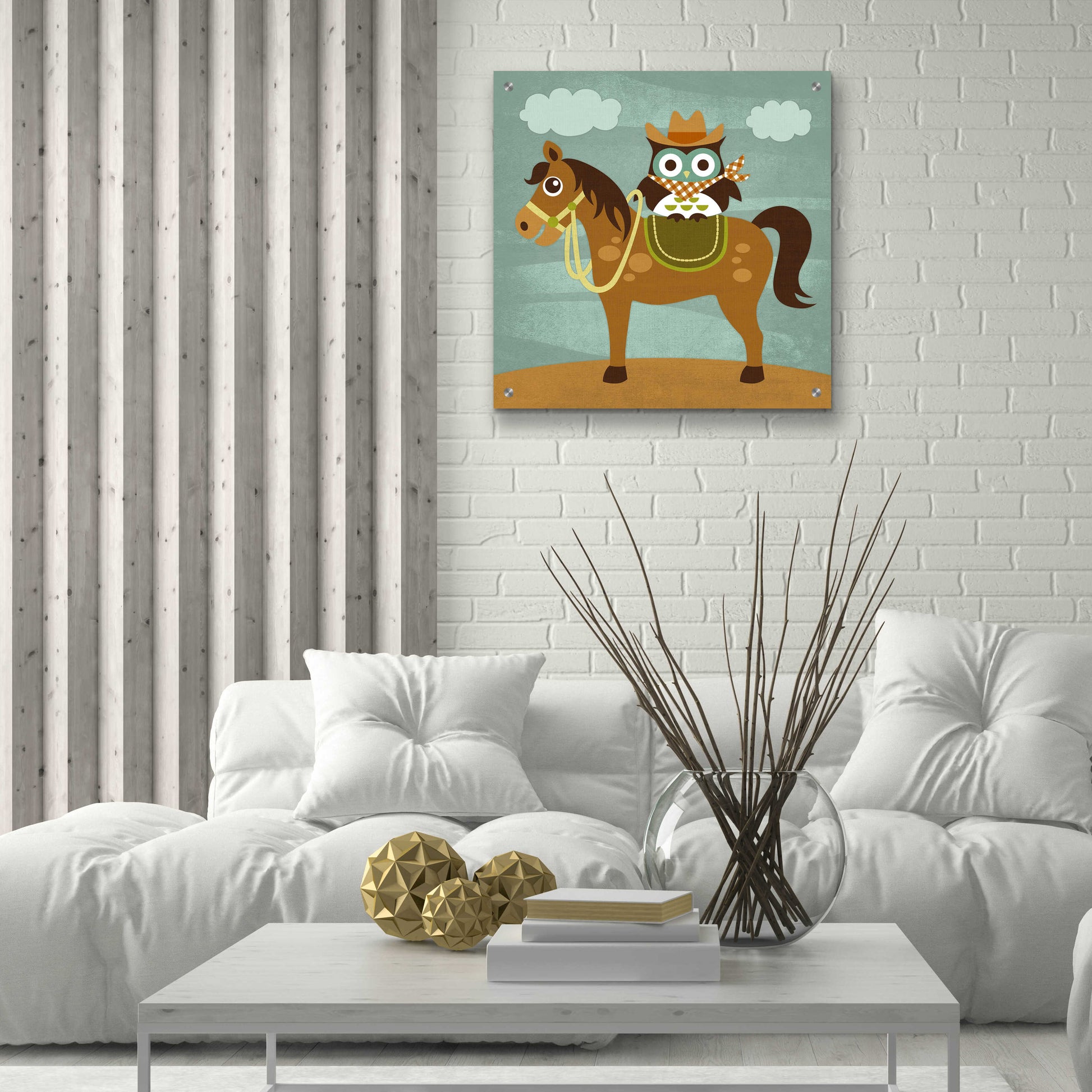 Epic Art 'Cowboy Owl on Horse' by Nancy Lee, Acrylic Glass Wall Art,24x24