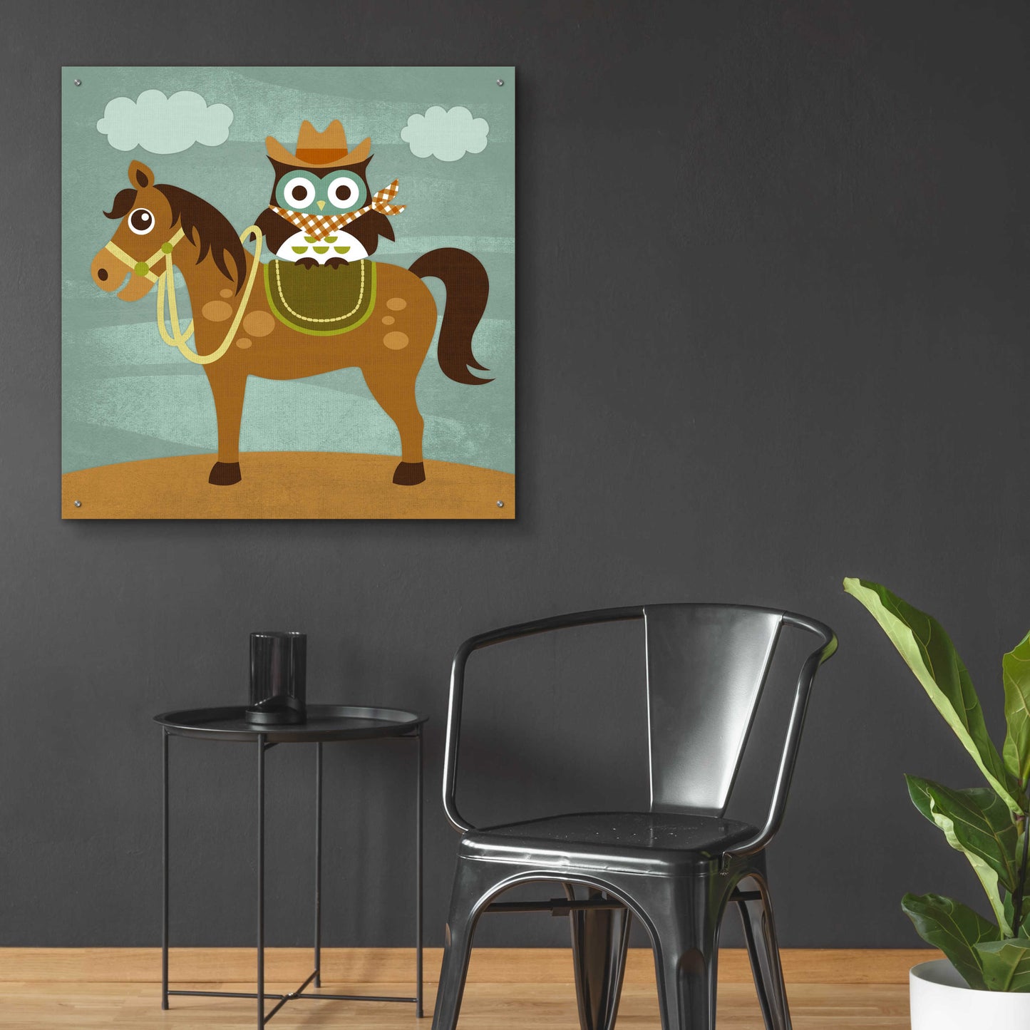 Epic Art 'Cowboy Owl on Horse' by Nancy Lee, Acrylic Glass Wall Art,36x36