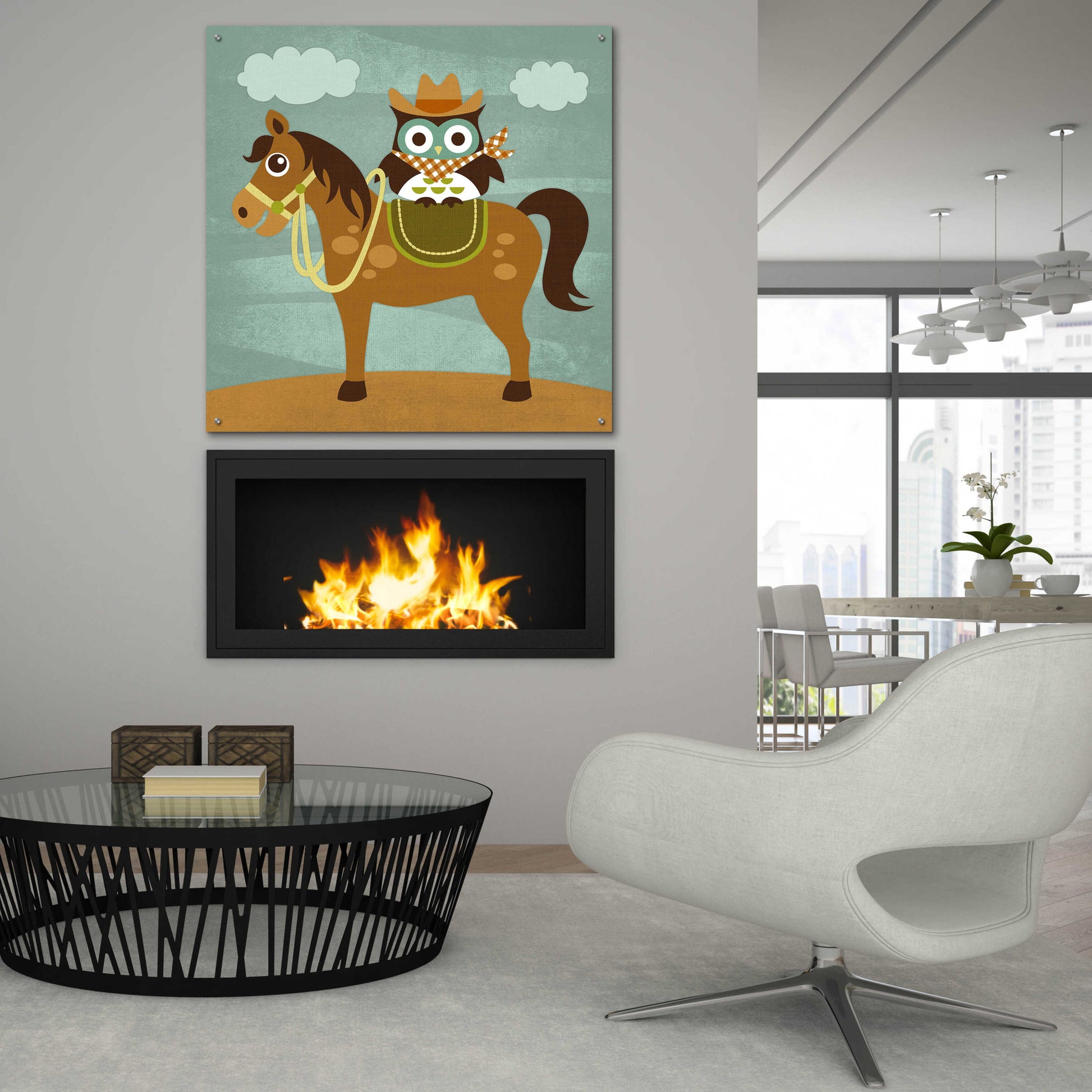 Epic Art 'Cowboy Owl on Horse' by Nancy Lee, Acrylic Glass Wall Art,36x36