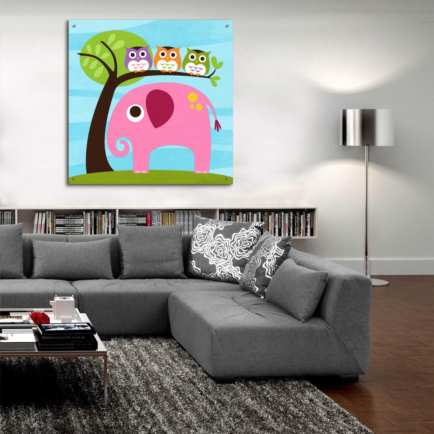 Epic Art 'Elephant with Three Owls' by Nancy Lee, Acrylic Glass Wall Art,36x36