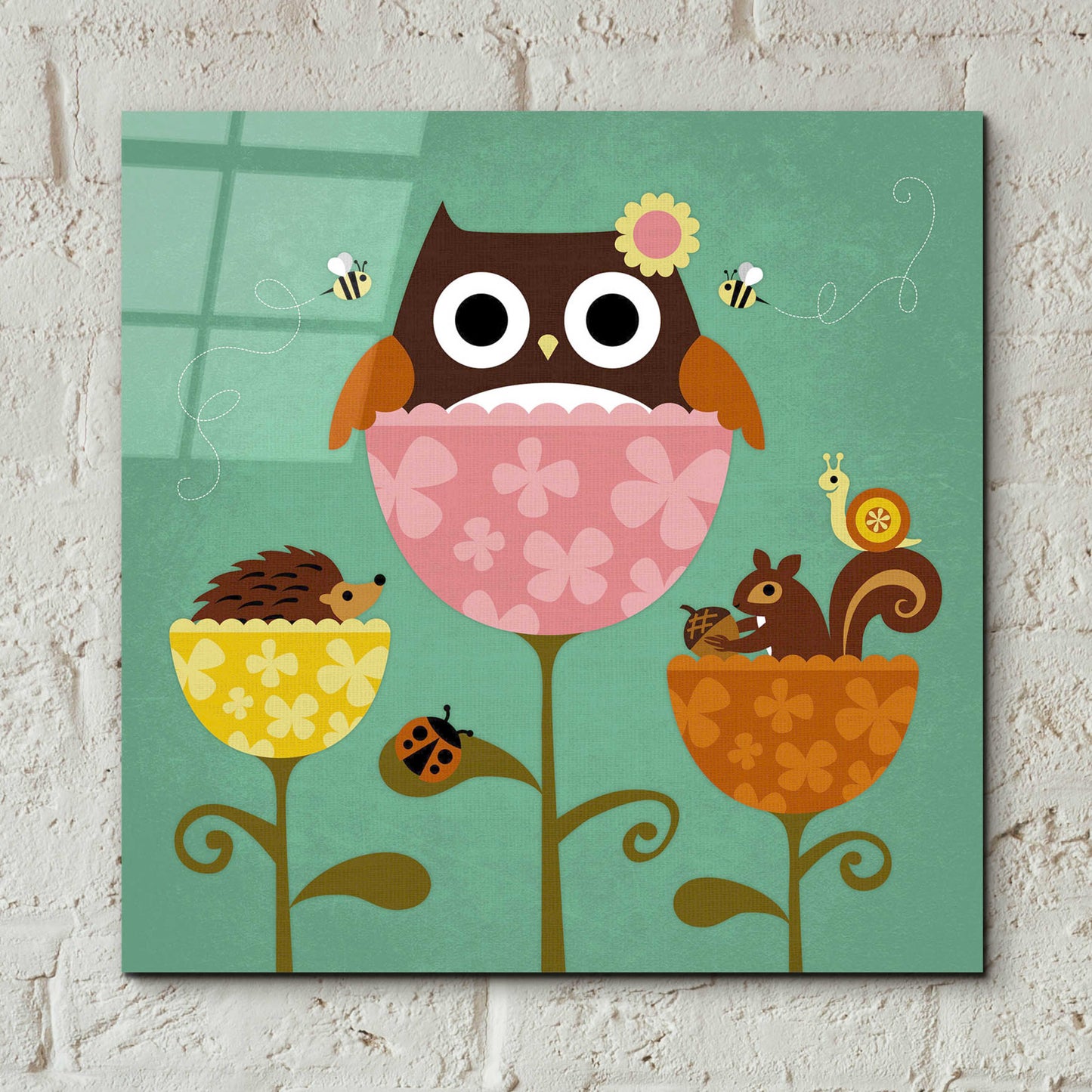 Epic Art 'Owl Squirrel and Hedgehog in Flowers' by Nancy Lee, Acrylic Glass Wall Art,12x12