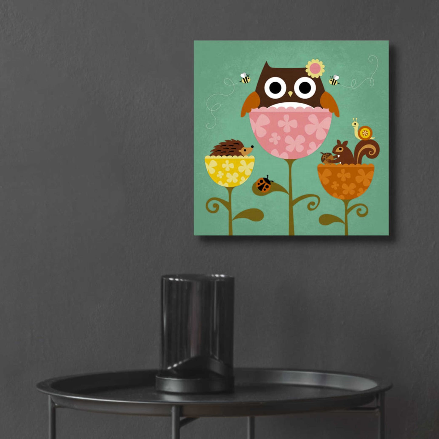 Epic Art 'Owl Squirrel and Hedgehog in Flowers' by Nancy Lee, Acrylic Glass Wall Art,12x12