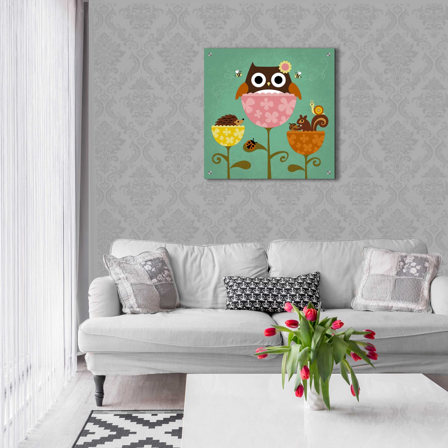 Epic Art 'Owl Squirrel and Hedgehog in Flowers' by Nancy Lee, Acrylic Glass Wall Art,24x24