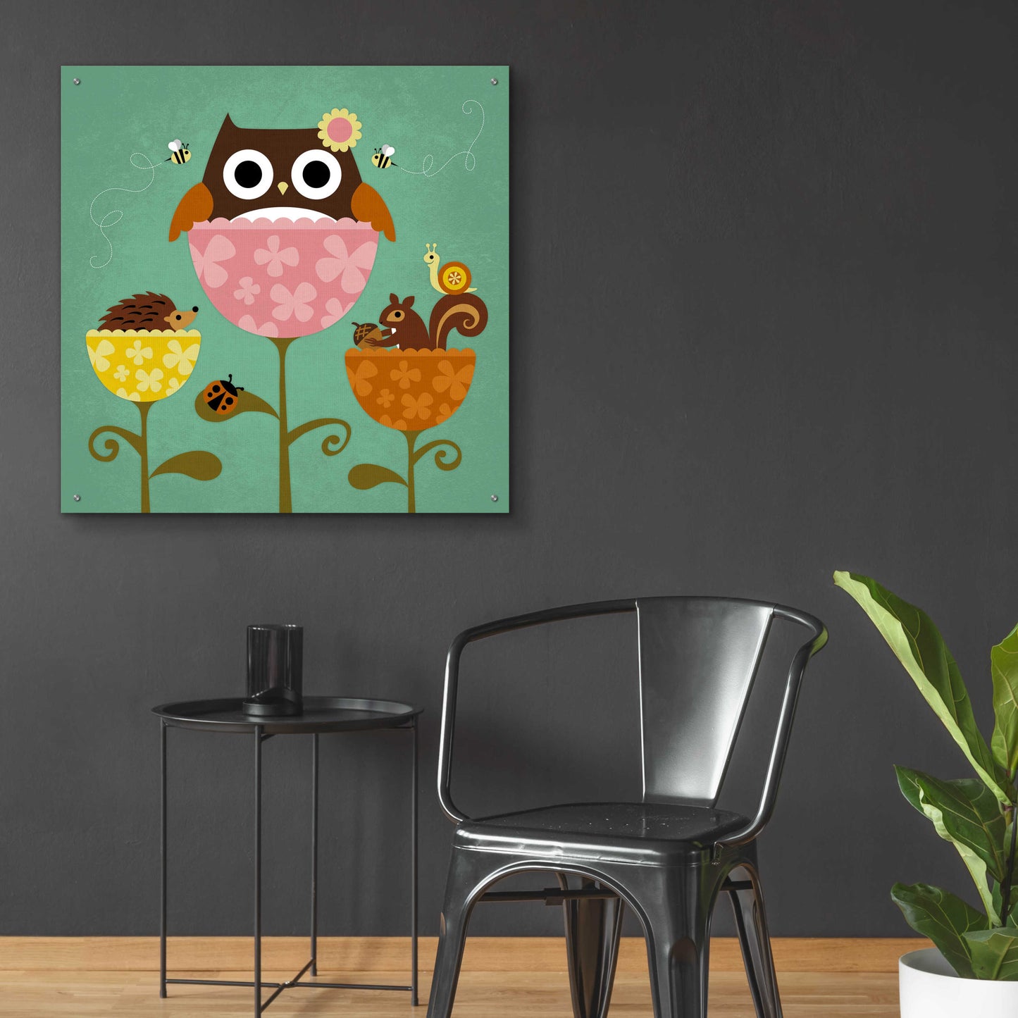 Epic Art 'Owl Squirrel and Hedgehog in Flowers' by Nancy Lee, Acrylic Glass Wall Art,36x36