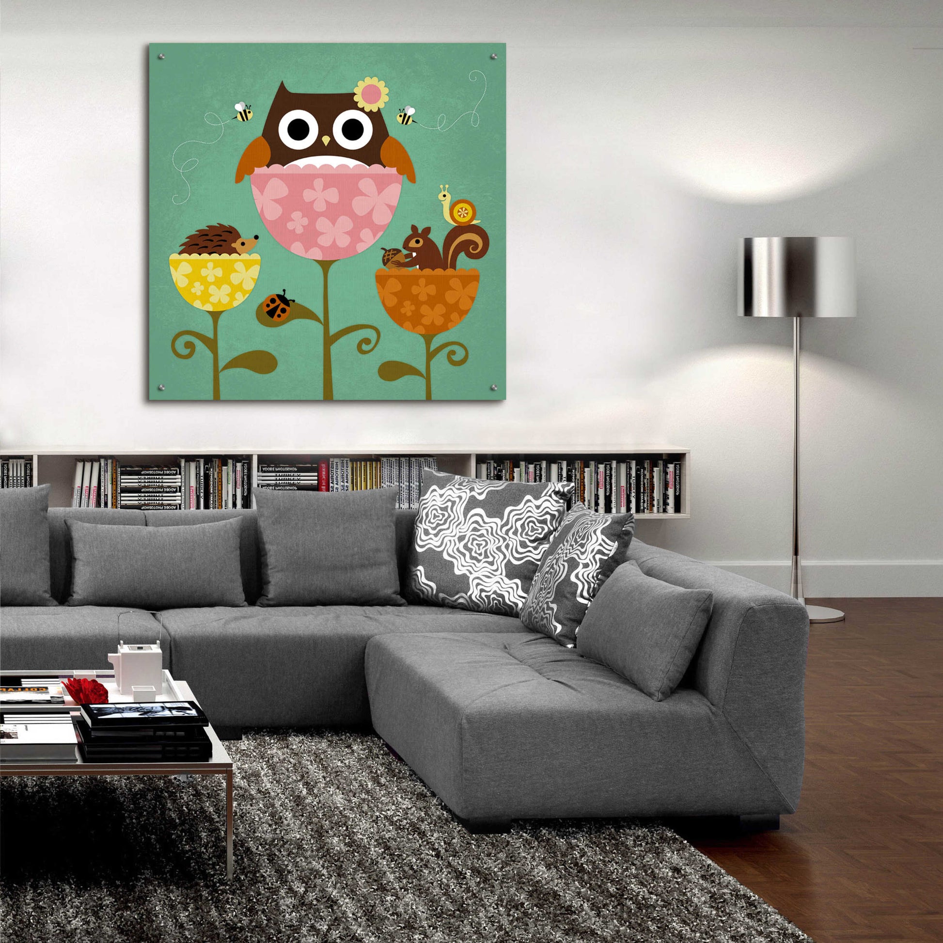 Epic Art 'Owl Squirrel and Hedgehog in Flowers' by Nancy Lee, Acrylic Glass Wall Art,36x36