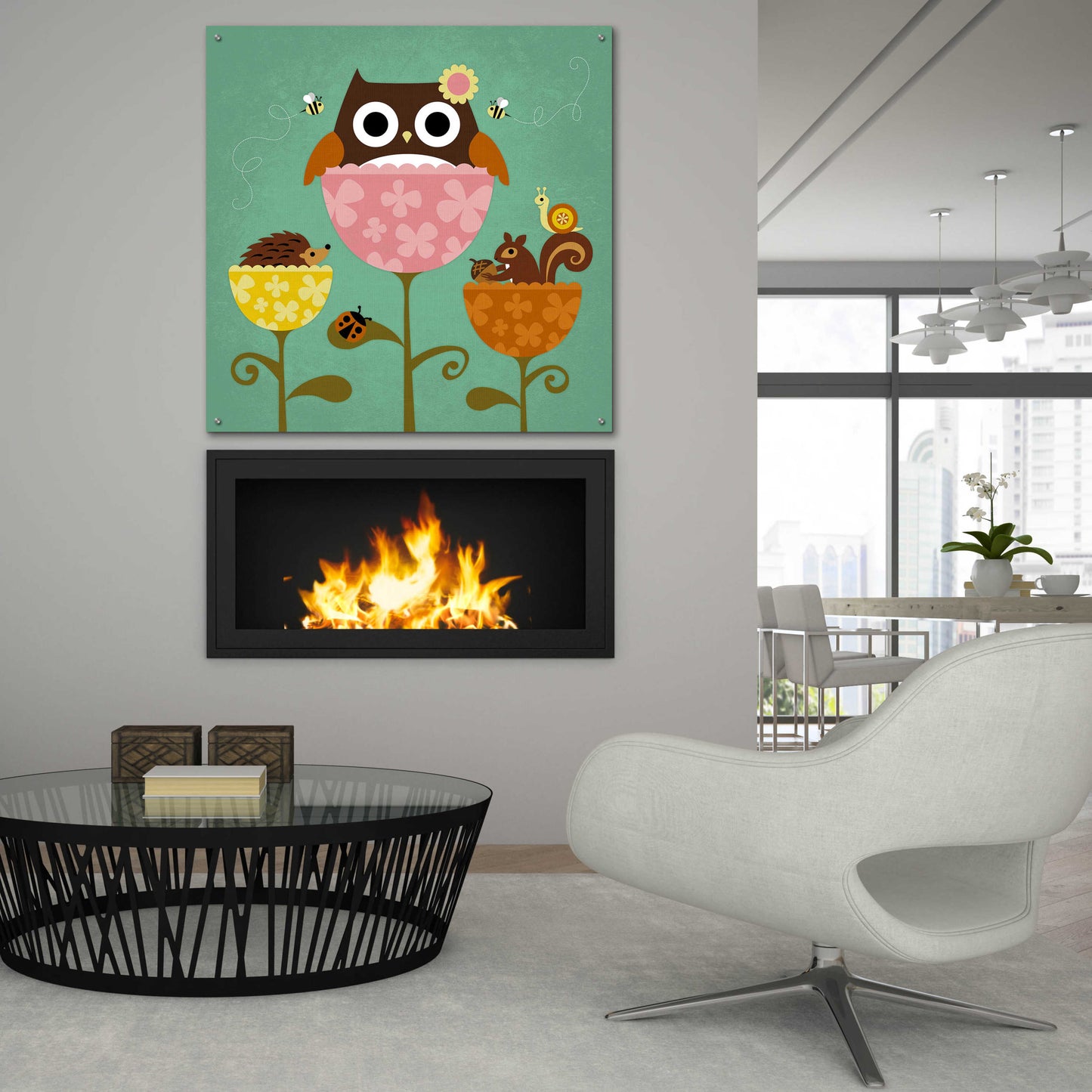 Epic Art 'Owl Squirrel and Hedgehog in Flowers' by Nancy Lee, Acrylic Glass Wall Art,36x36