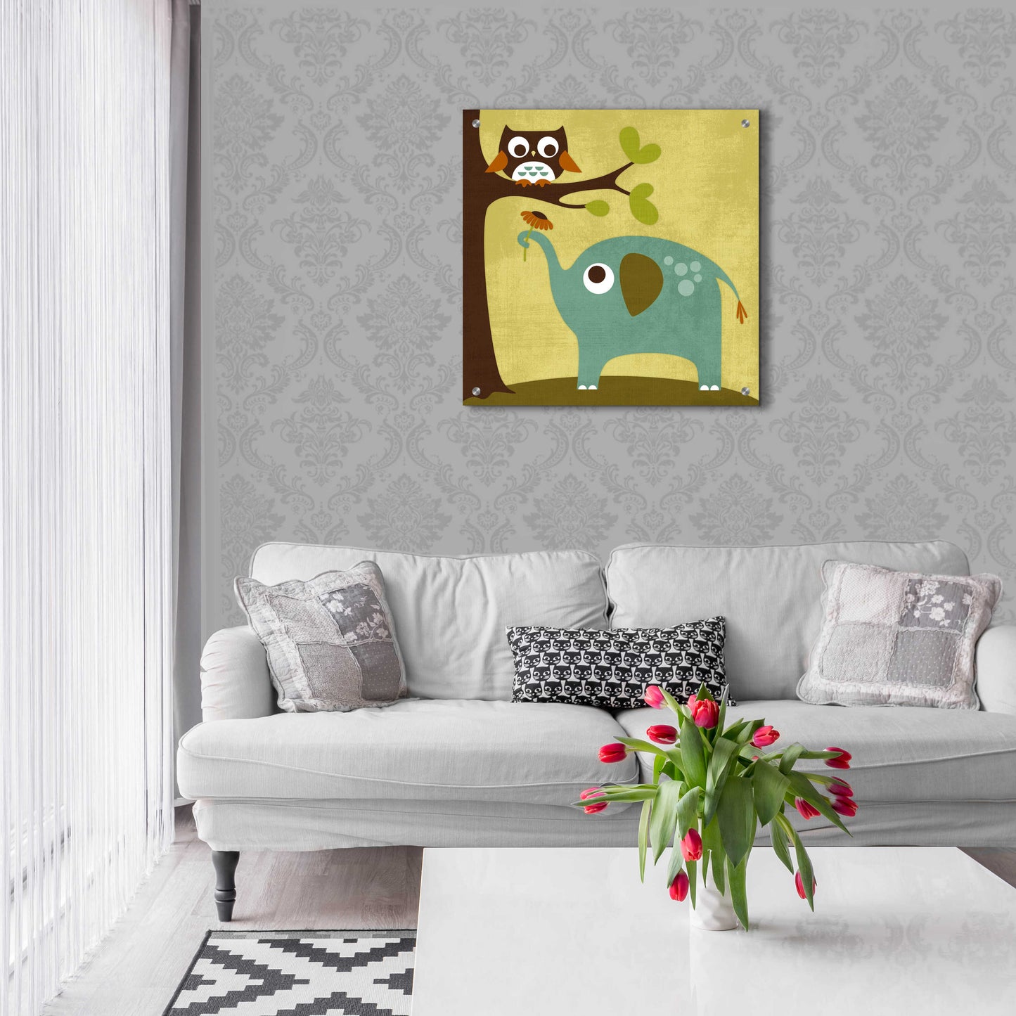 Epic Art 'Owl and Elephant' by Nancy Lee, Acrylic Glass Wall Art,24x24