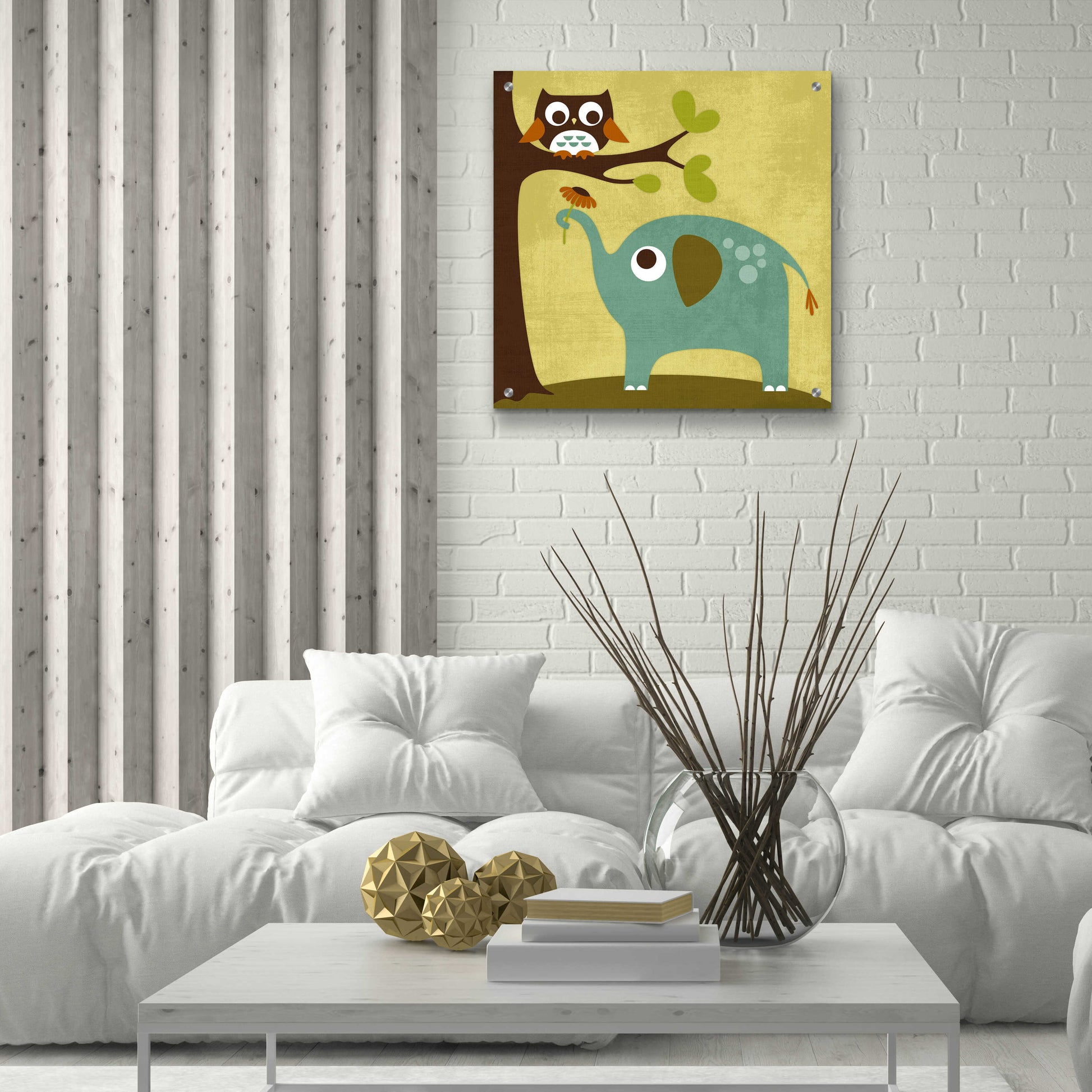 Epic Art 'Owl and Elephant' by Nancy Lee, Acrylic Glass Wall Art,24x24