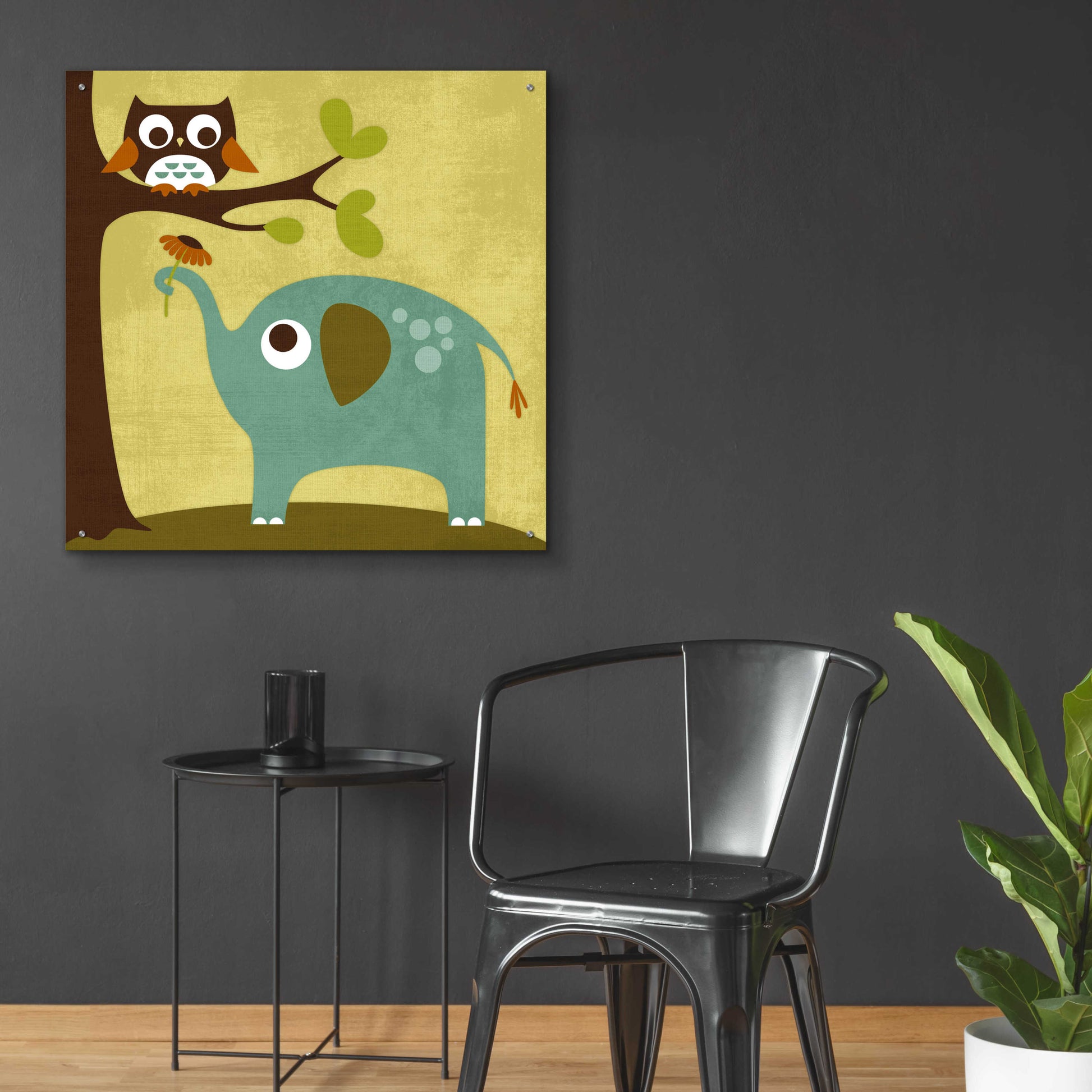 Epic Art 'Owl and Elephant' by Nancy Lee, Acrylic Glass Wall Art,36x36