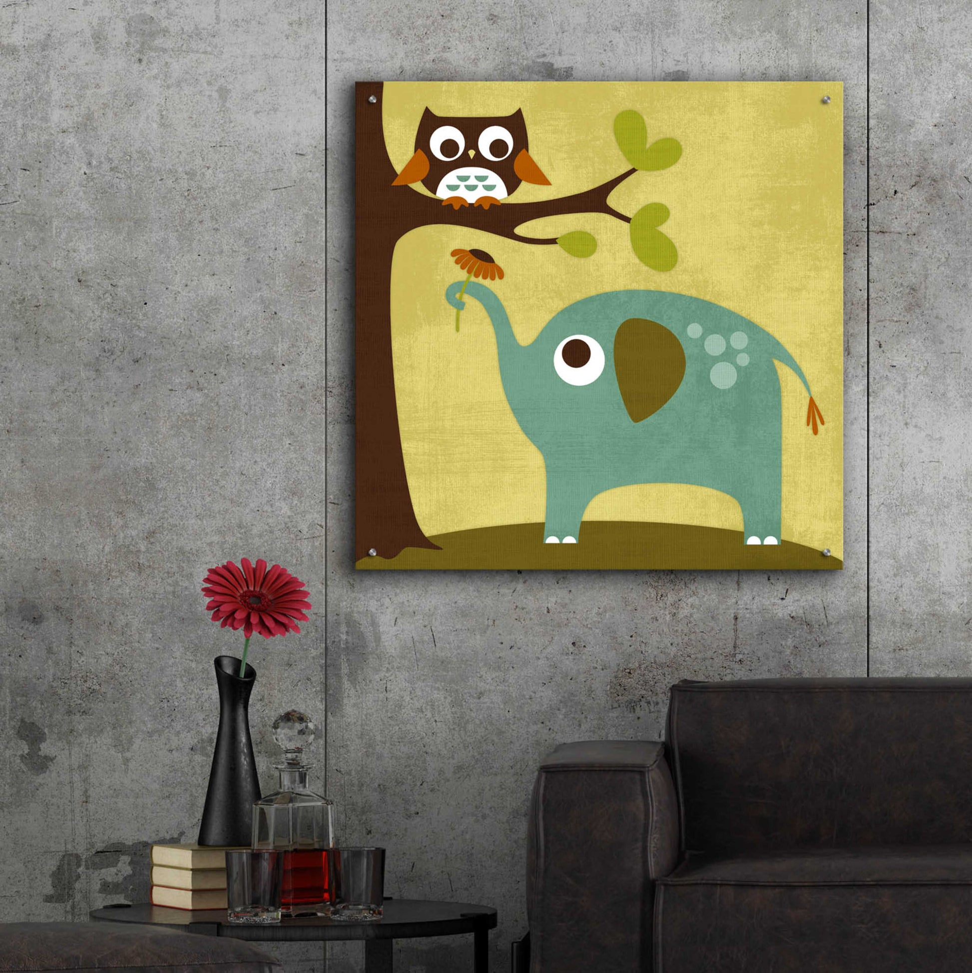 Epic Art 'Owl and Elephant' by Nancy Lee, Acrylic Glass Wall Art,36x36