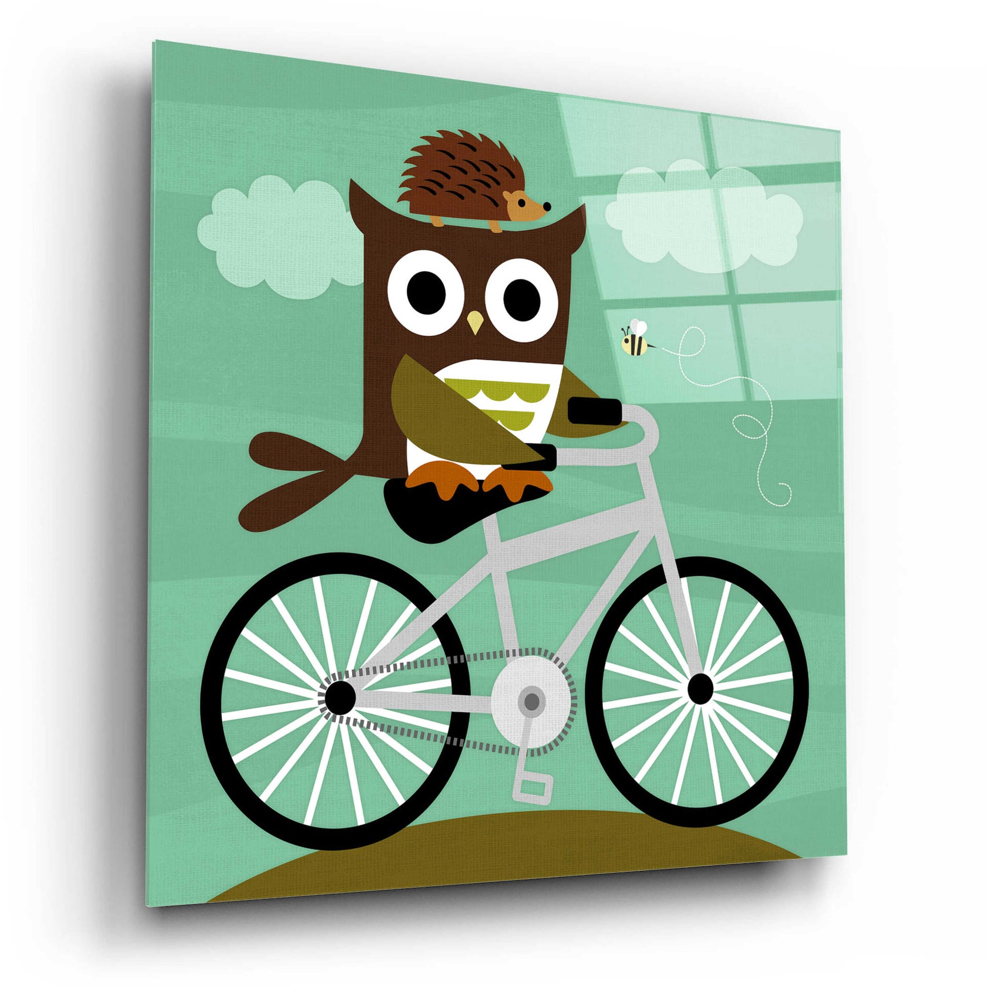 Epic Art 'Owl and Hedgehog on Bicycle' by Nancy Lee, Acrylic Glass Wall Art,12x12