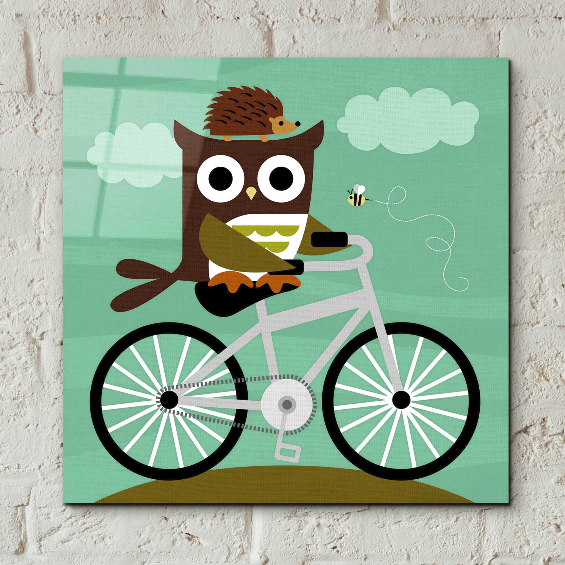 Epic Art 'Owl and Hedgehog on Bicycle' by Nancy Lee, Acrylic Glass Wall Art,12x12