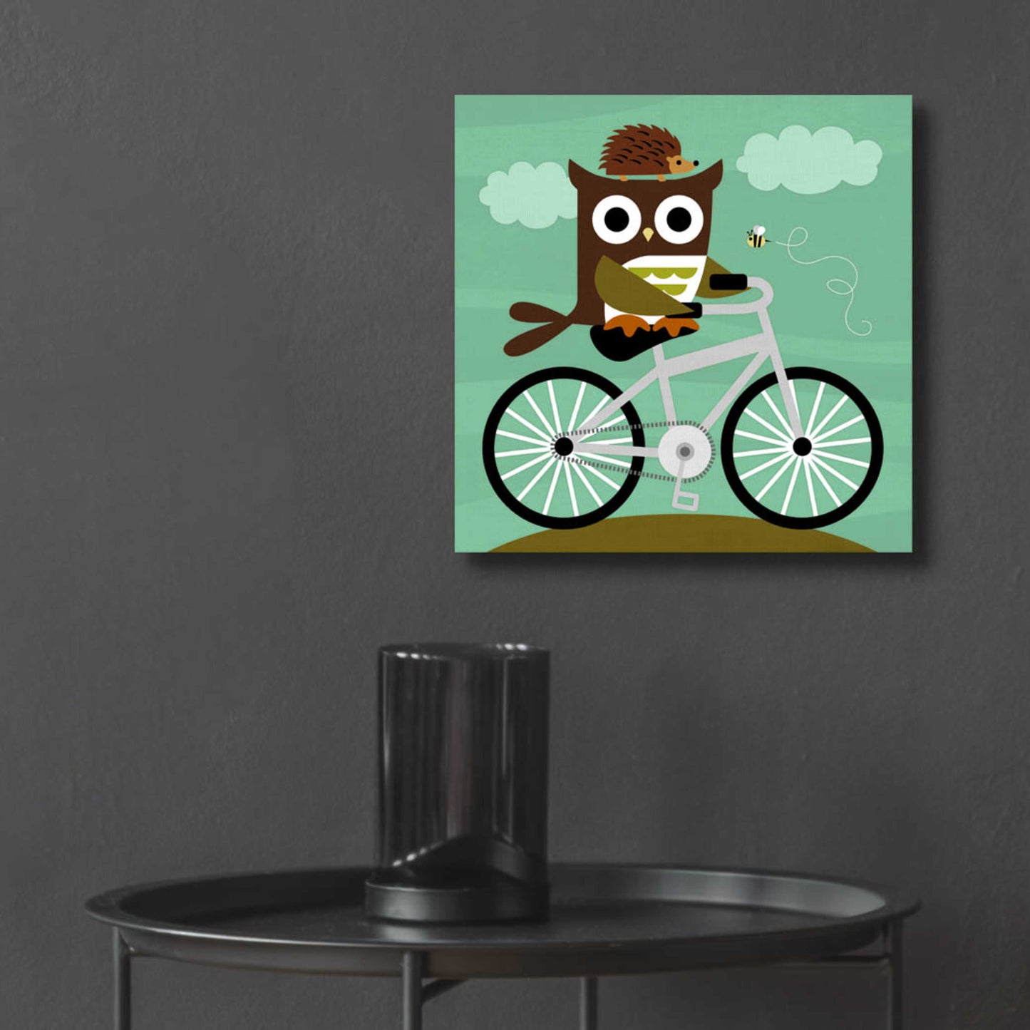 Epic Art 'Owl and Hedgehog on Bicycle' by Nancy Lee, Acrylic Glass Wall Art,12x12