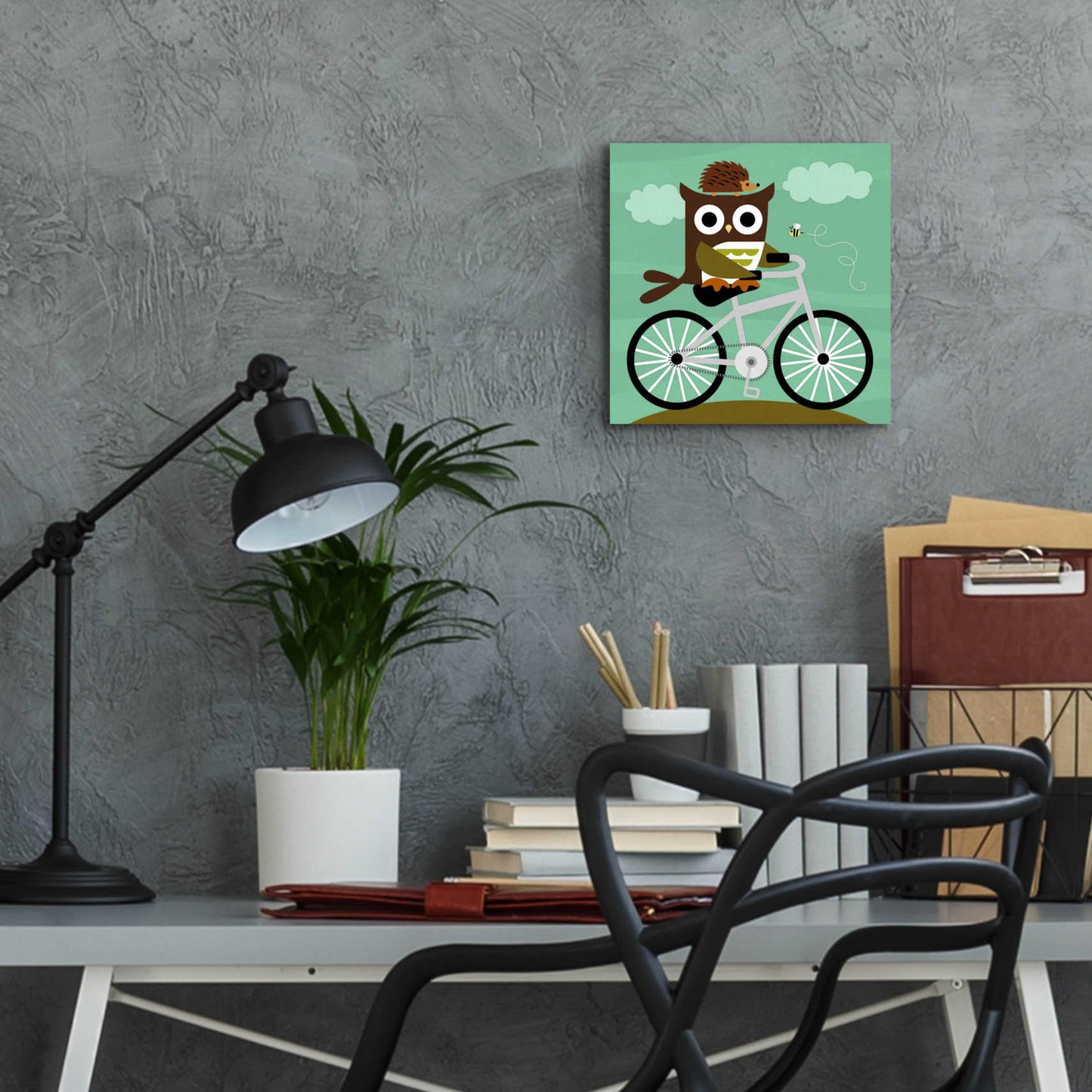 Epic Art 'Owl and Hedgehog on Bicycle' by Nancy Lee, Acrylic Glass Wall Art,12x12