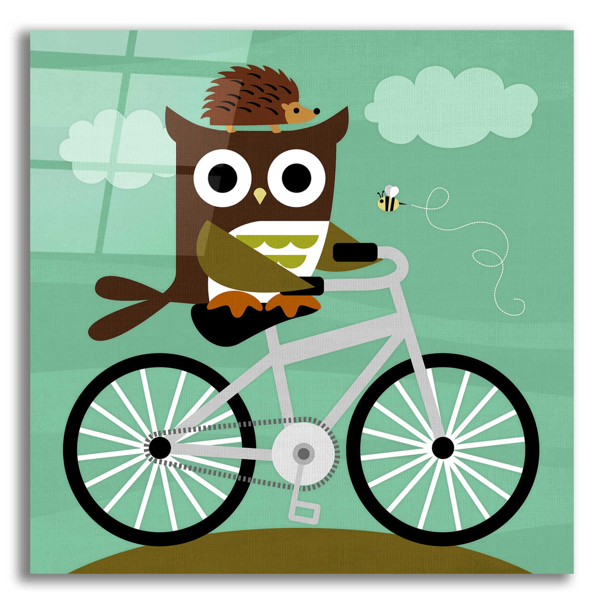 Epic Art 'Owl and Hedgehog on Bicycle' by Nancy Lee, Acrylic Glass Wall Art,12x12