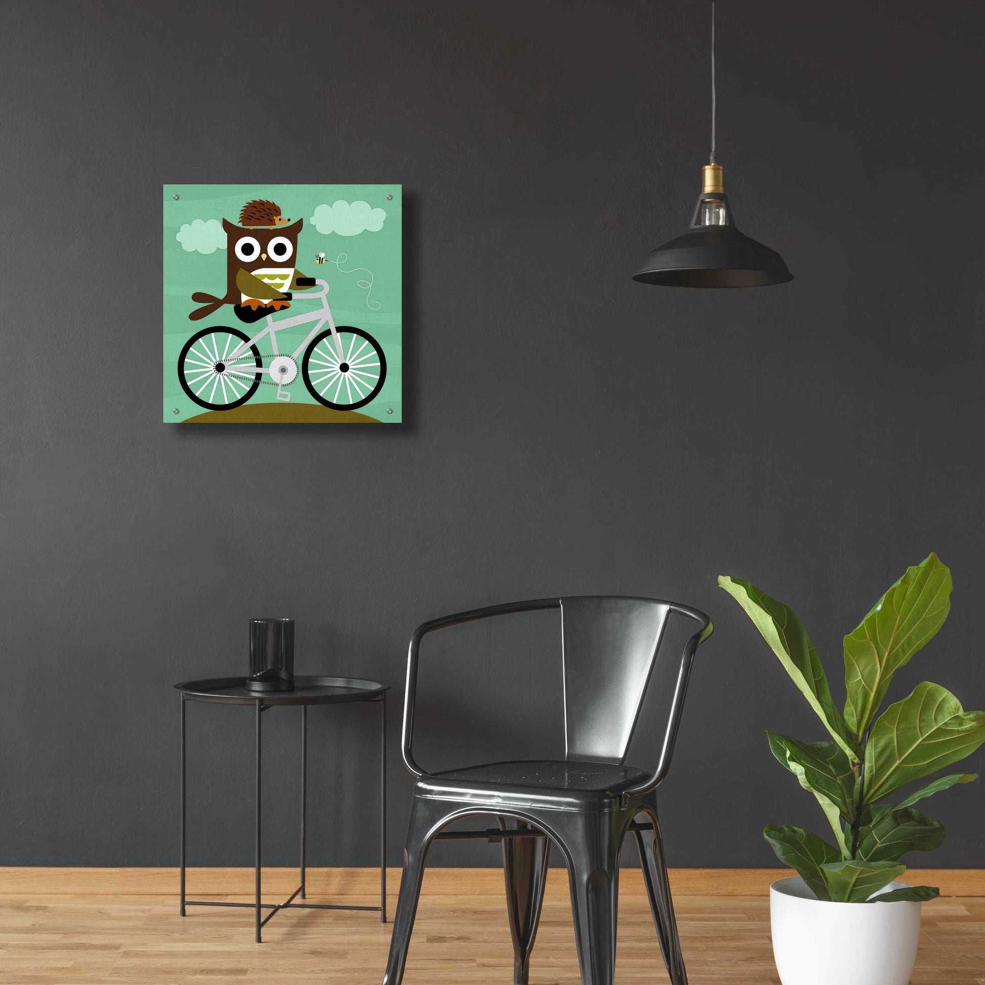 Epic Art 'Owl and Hedgehog on Bicycle' by Nancy Lee, Acrylic Glass Wall Art,24x24