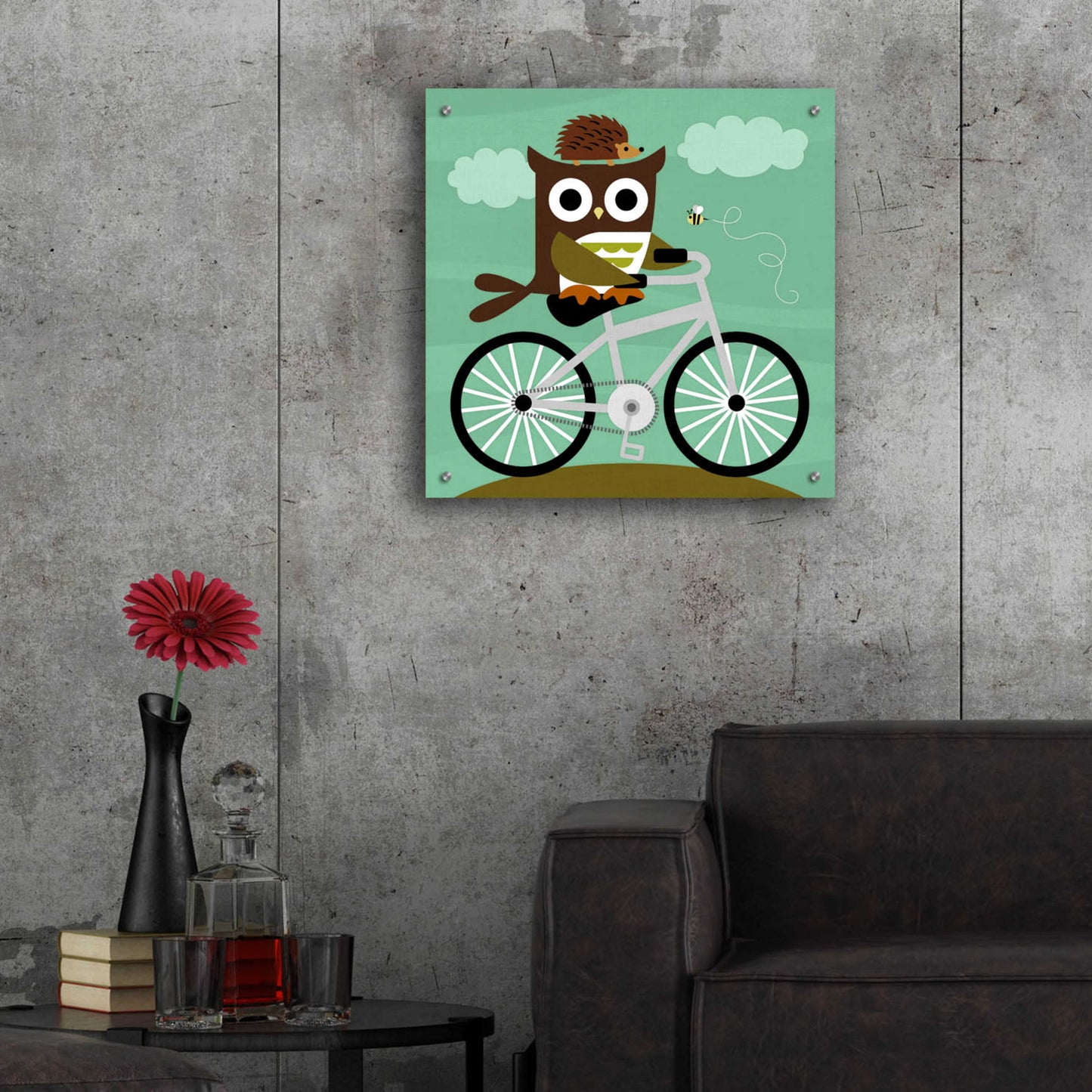 Epic Art 'Owl and Hedgehog on Bicycle' by Nancy Lee, Acrylic Glass Wall Art,24x24