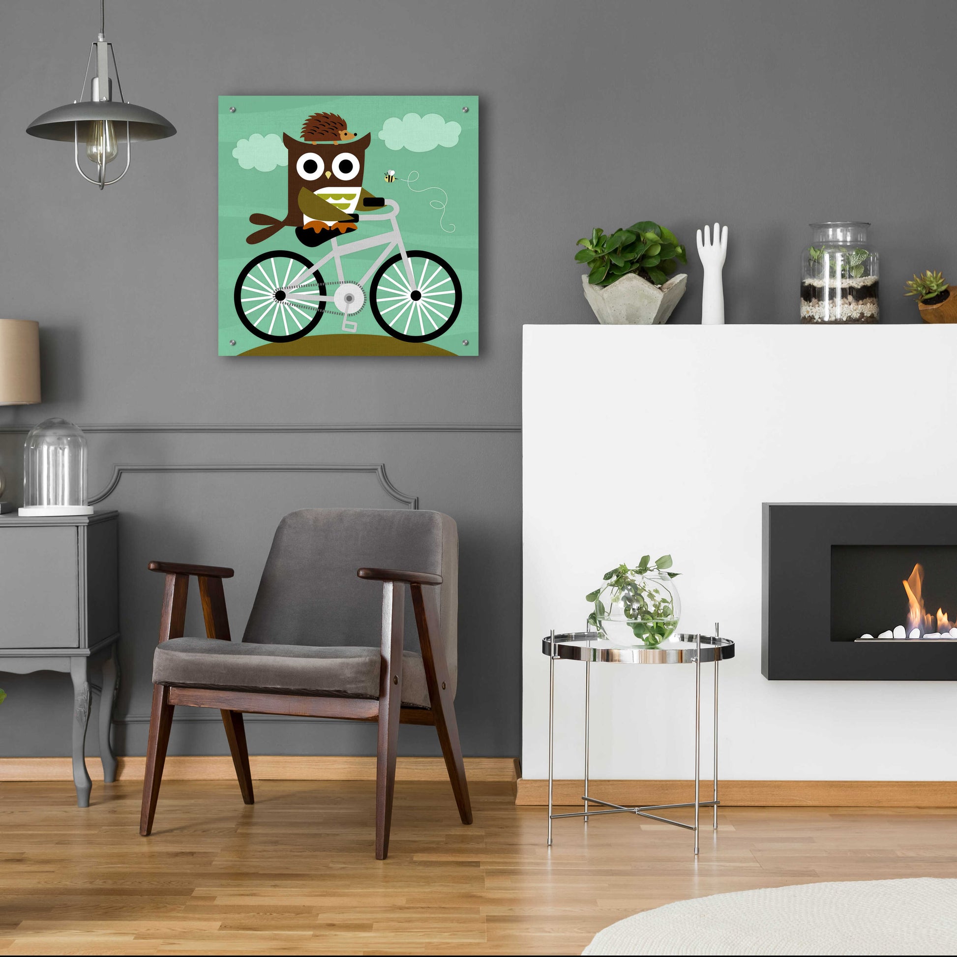 Epic Art 'Owl and Hedgehog on Bicycle' by Nancy Lee, Acrylic Glass Wall Art,24x24