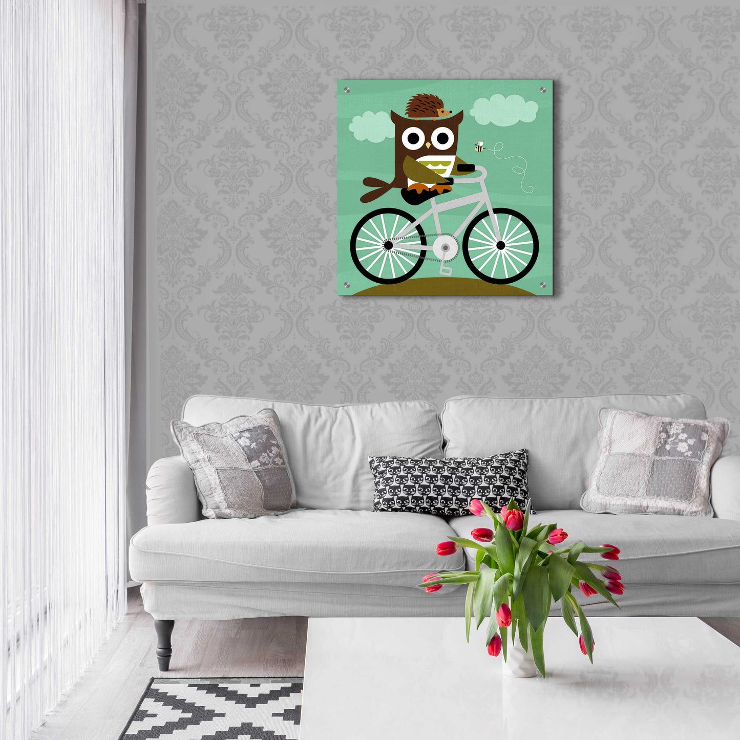 Epic Art 'Owl and Hedgehog on Bicycle' by Nancy Lee, Acrylic Glass Wall Art,24x24