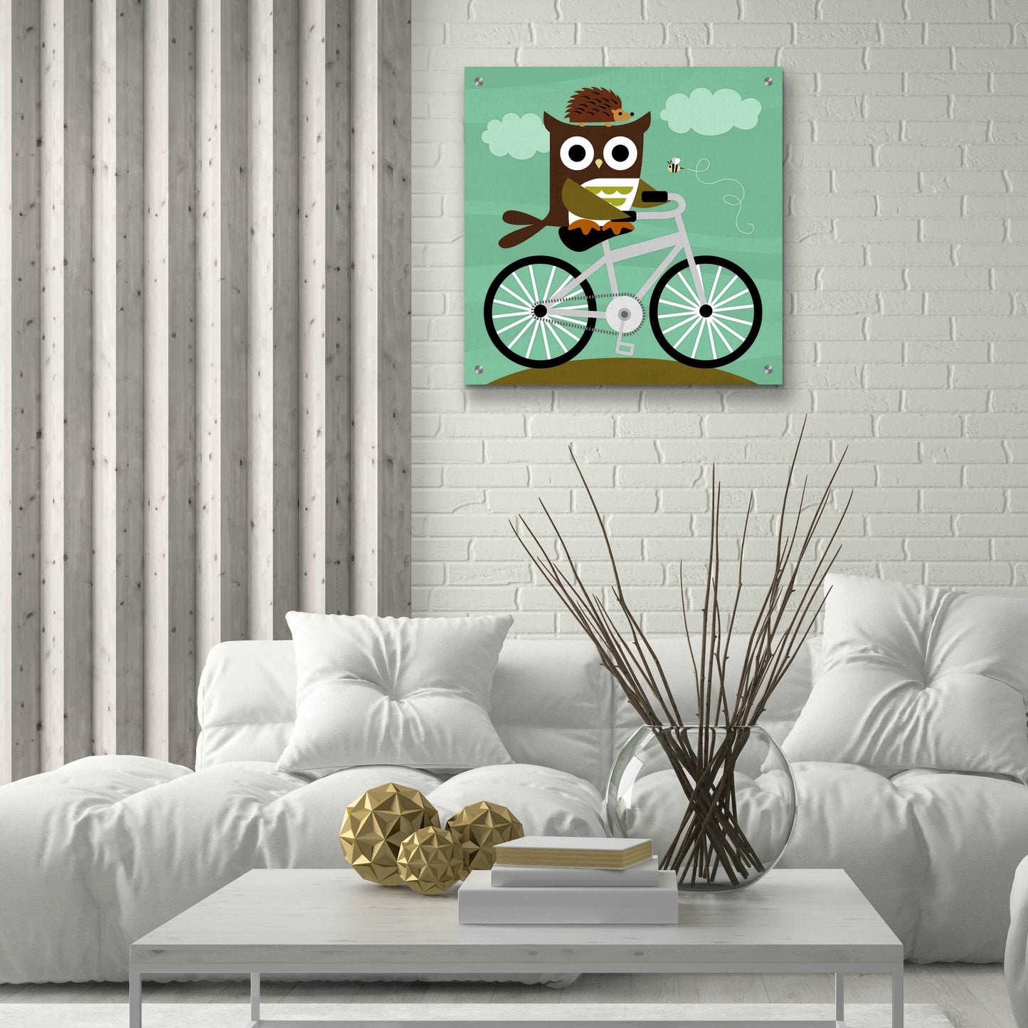 Epic Art 'Owl and Hedgehog on Bicycle' by Nancy Lee, Acrylic Glass Wall Art,24x24