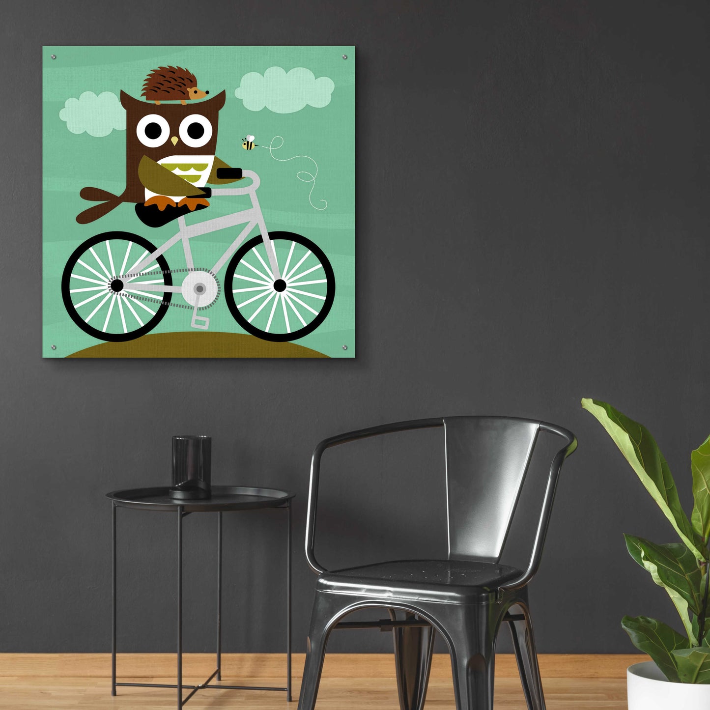 Epic Art 'Owl and Hedgehog on Bicycle' by Nancy Lee, Acrylic Glass Wall Art,36x36