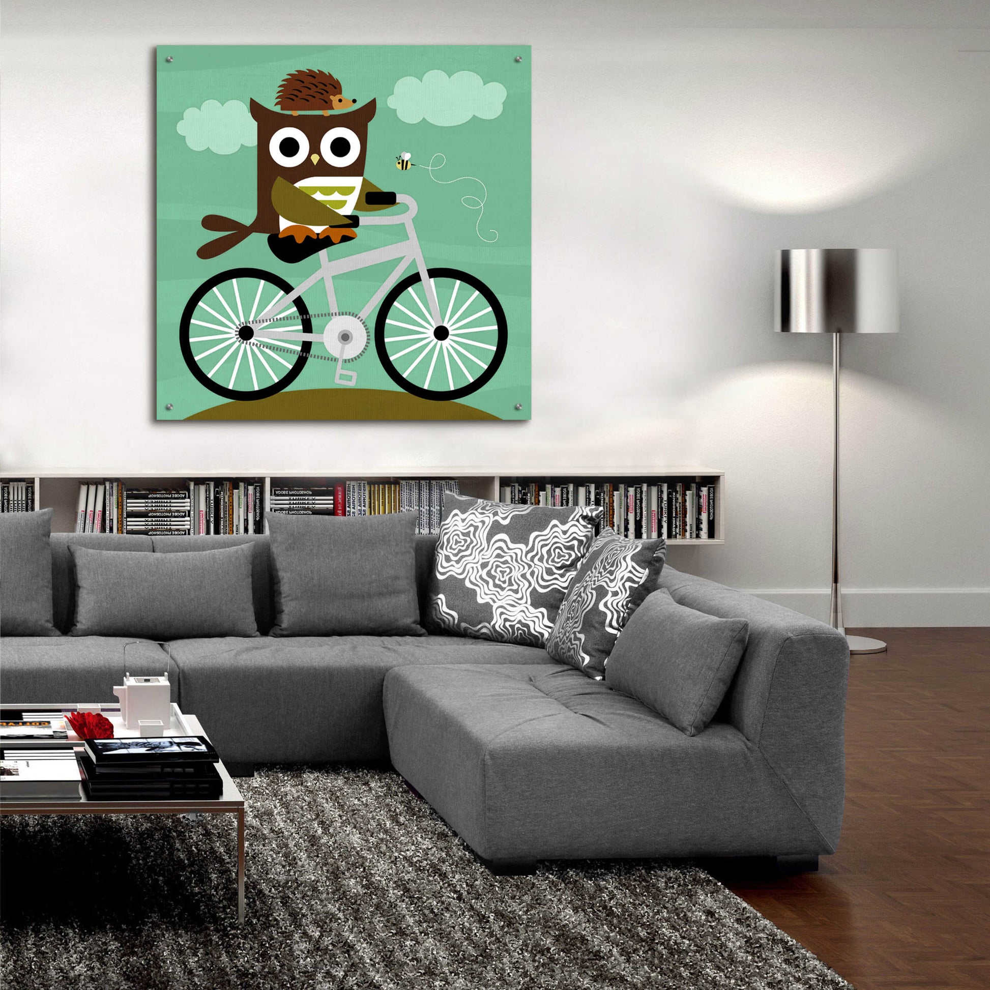 Epic Art 'Owl and Hedgehog on Bicycle' by Nancy Lee, Acrylic Glass Wall Art,36x36