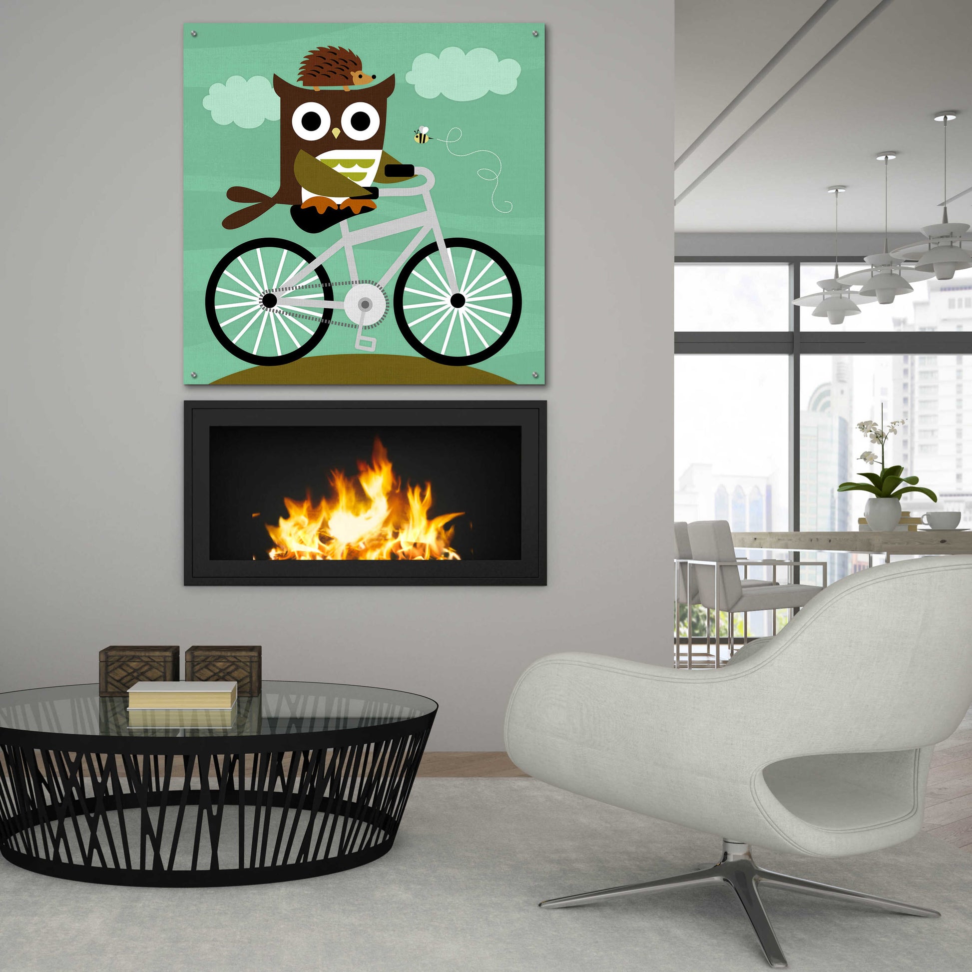 Epic Art 'Owl and Hedgehog on Bicycle' by Nancy Lee, Acrylic Glass Wall Art,36x36