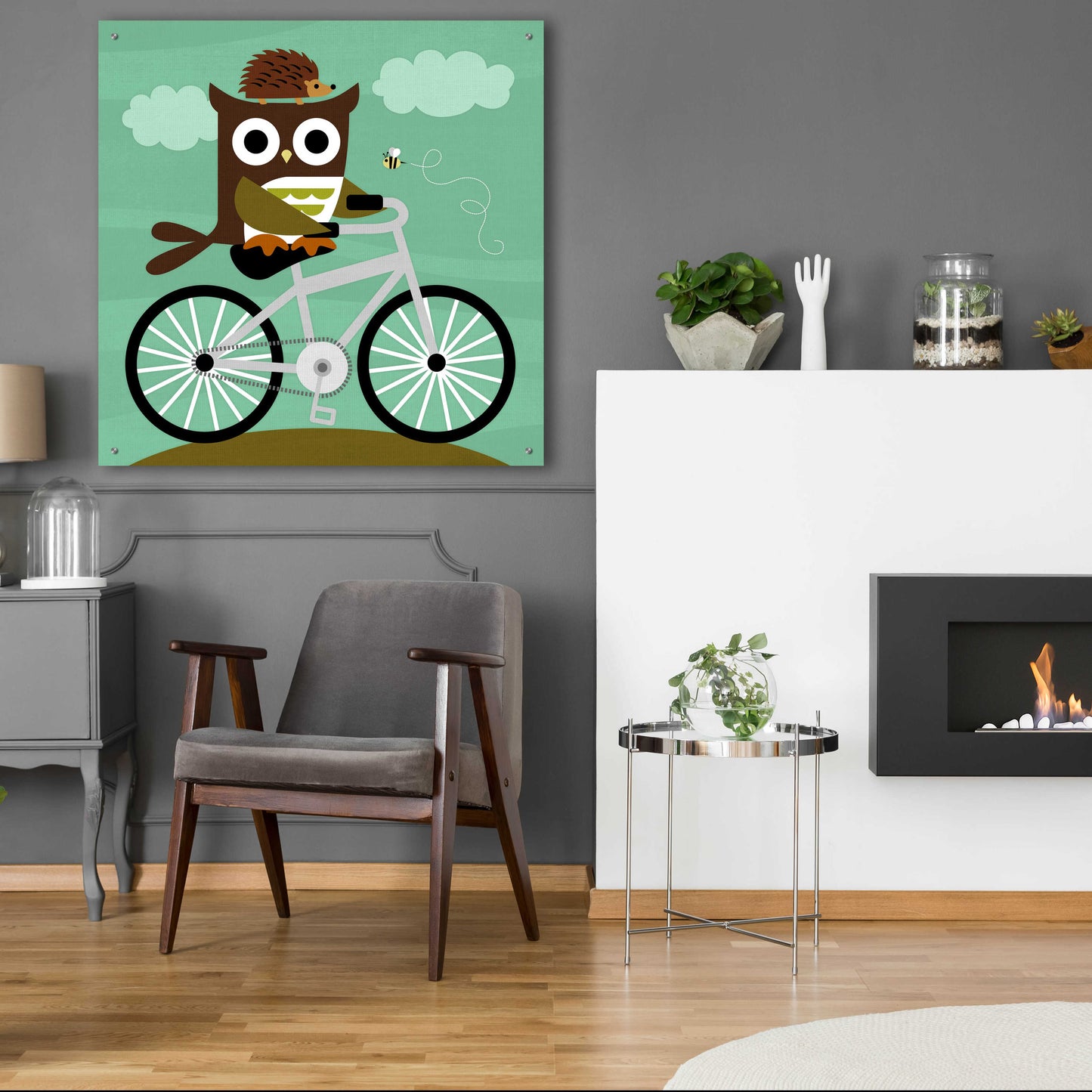 Epic Art 'Owl and Hedgehog on Bicycle' by Nancy Lee, Acrylic Glass Wall Art,36x36