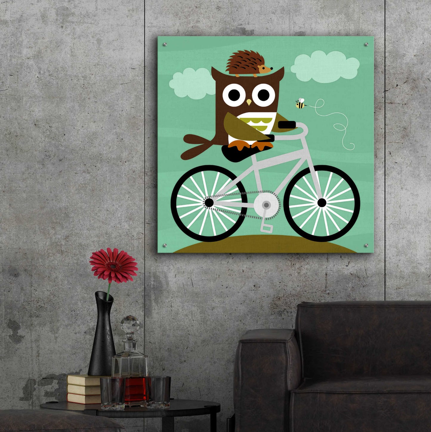 Epic Art 'Owl and Hedgehog on Bicycle' by Nancy Lee, Acrylic Glass Wall Art,36x36