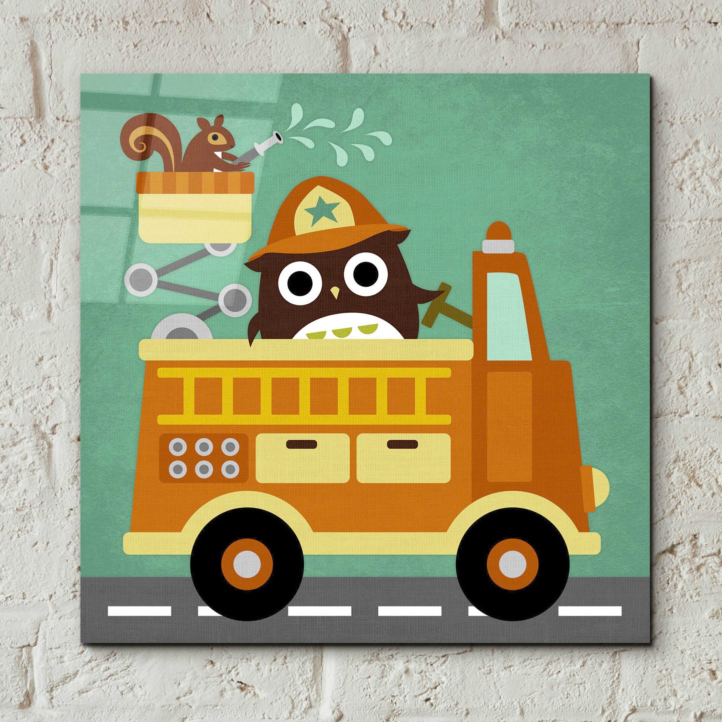 Epic Art 'Owl in Firetruck and Squirrel' by Nancy Lee, Acrylic Glass Wall Art,12x12