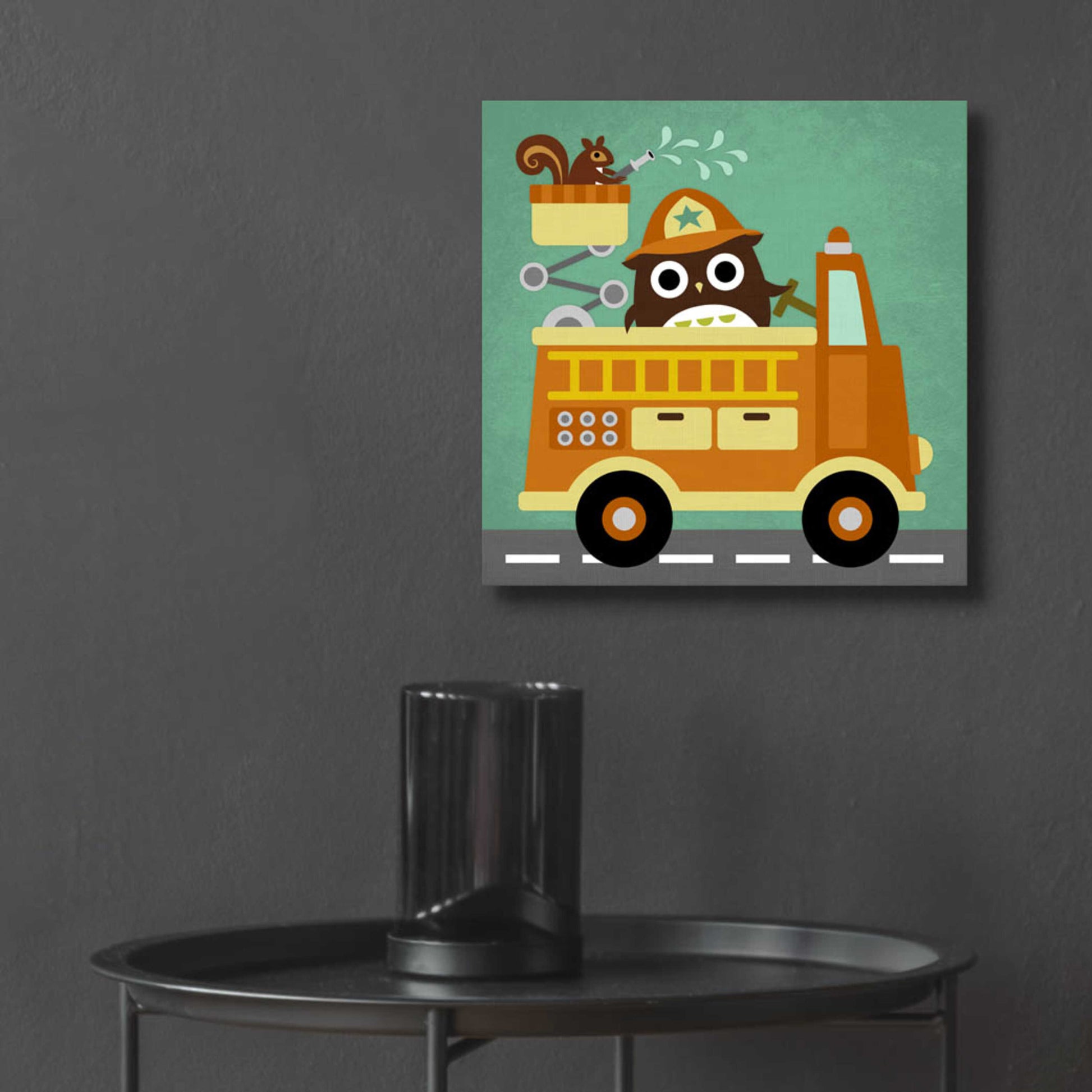 Epic Art 'Owl in Firetruck and Squirrel' by Nancy Lee, Acrylic Glass Wall Art,12x12