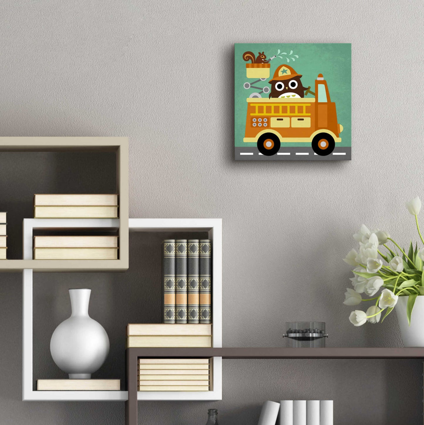 Epic Art 'Owl in Firetruck and Squirrel' by Nancy Lee, Acrylic Glass Wall Art,12x12