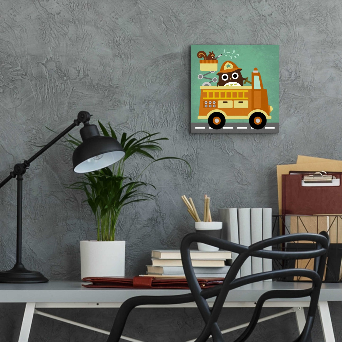 Epic Art 'Owl in Firetruck and Squirrel' by Nancy Lee, Acrylic Glass Wall Art,12x12