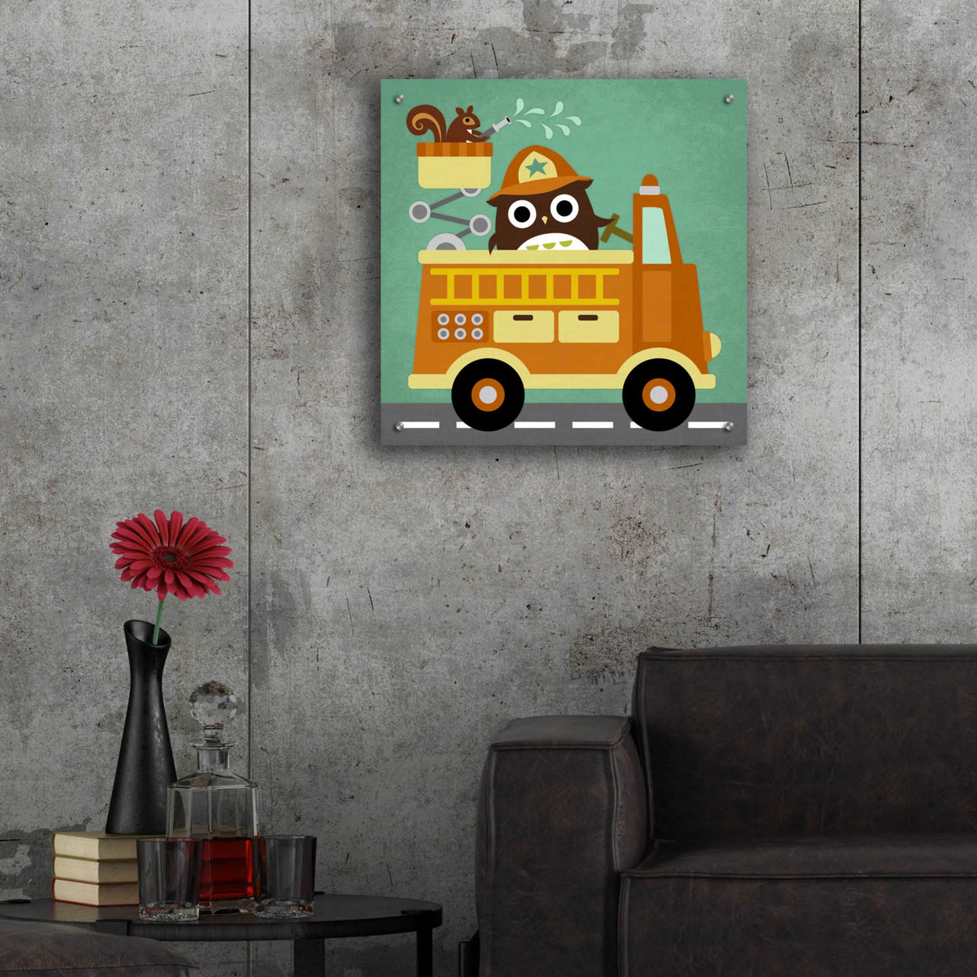 Epic Art 'Owl in Firetruck and Squirrel' by Nancy Lee, Acrylic Glass Wall Art,24x24