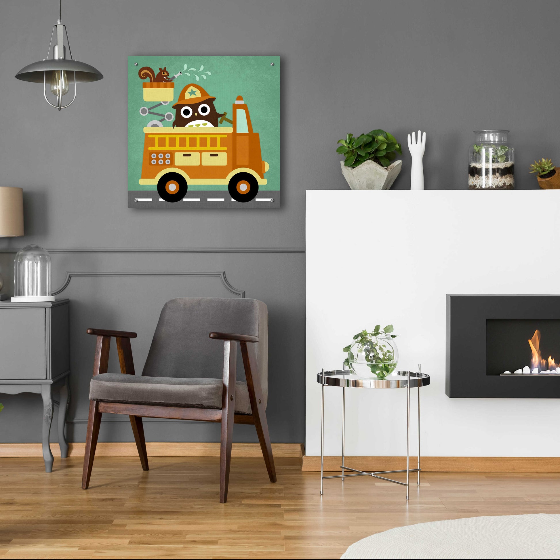 Epic Art 'Owl in Firetruck and Squirrel' by Nancy Lee, Acrylic Glass Wall Art,24x24