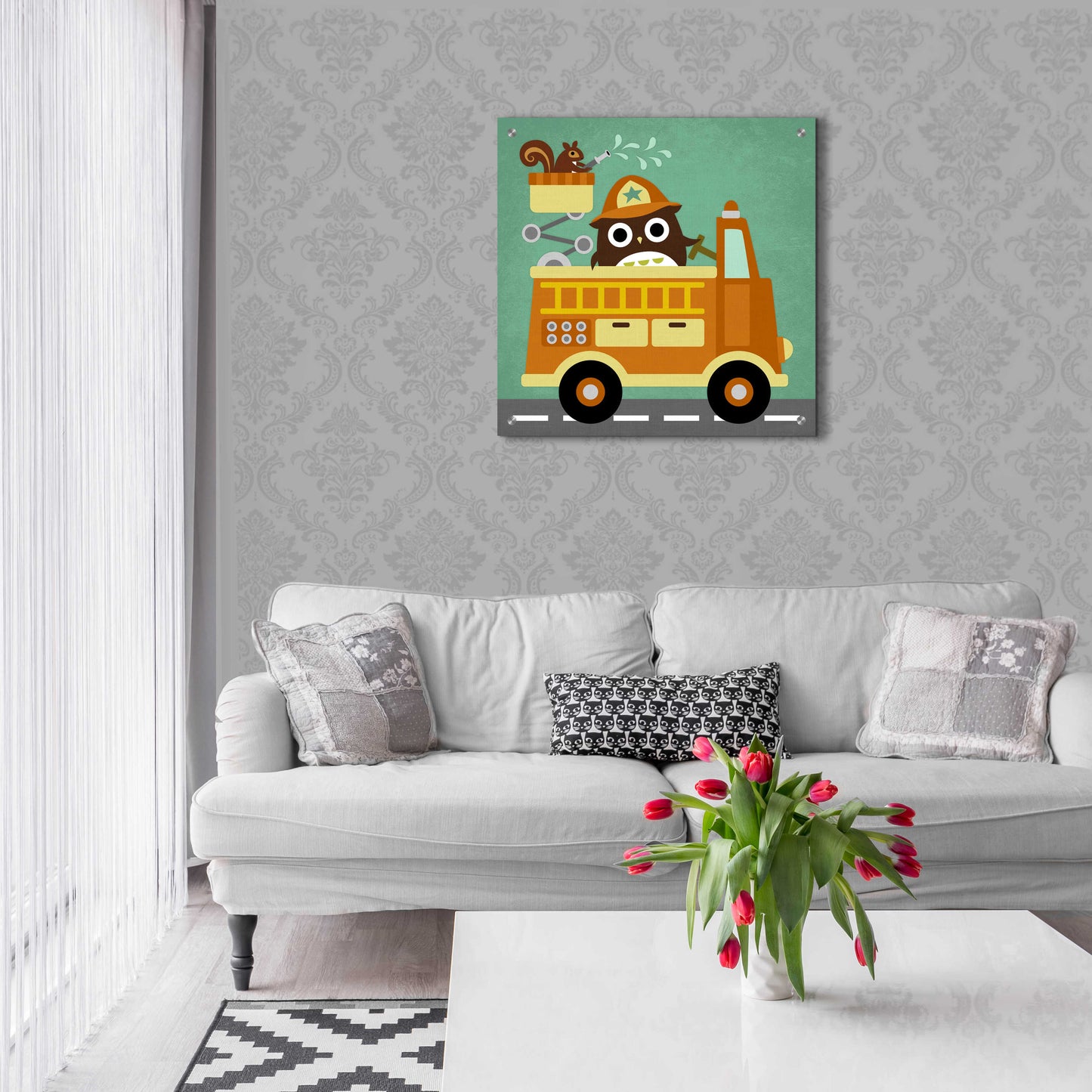 Epic Art 'Owl in Firetruck and Squirrel' by Nancy Lee, Acrylic Glass Wall Art,24x24