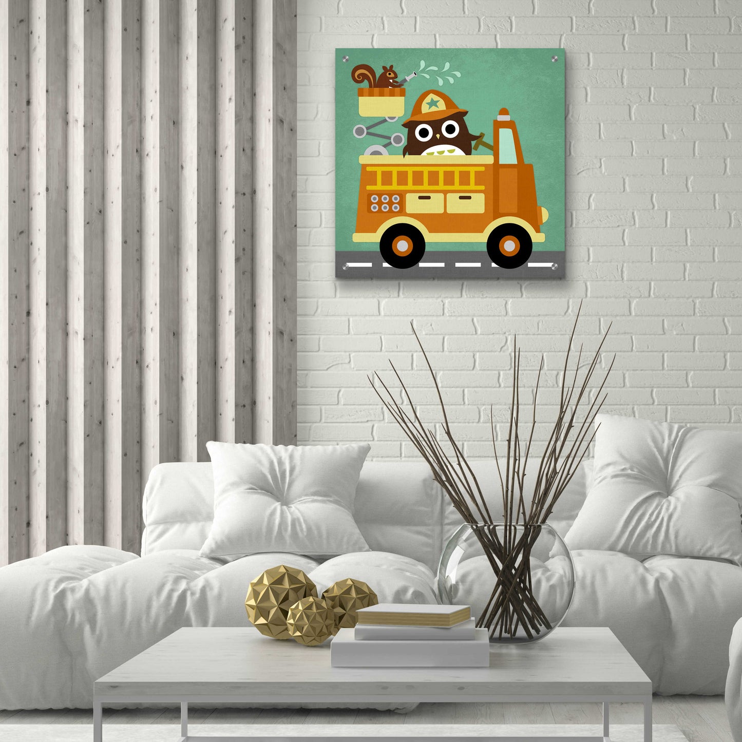 Epic Art 'Owl in Firetruck and Squirrel' by Nancy Lee, Acrylic Glass Wall Art,24x24