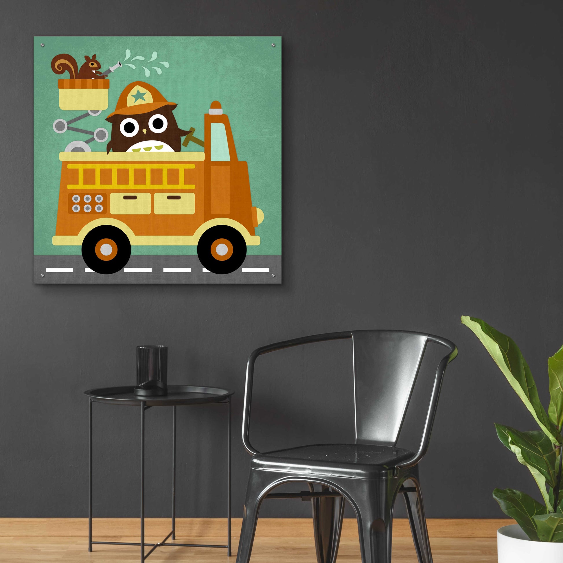 Epic Art 'Owl in Firetruck and Squirrel' by Nancy Lee, Acrylic Glass Wall Art,36x36