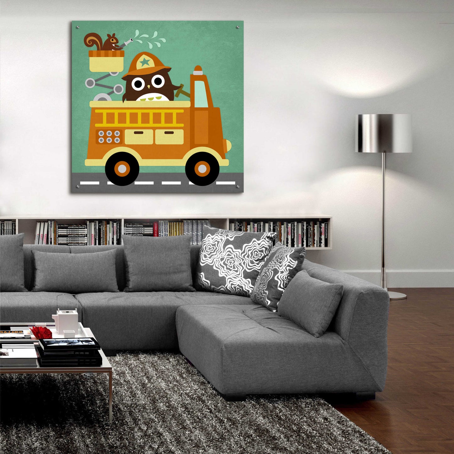 Epic Art 'Owl in Firetruck and Squirrel' by Nancy Lee, Acrylic Glass Wall Art,36x36