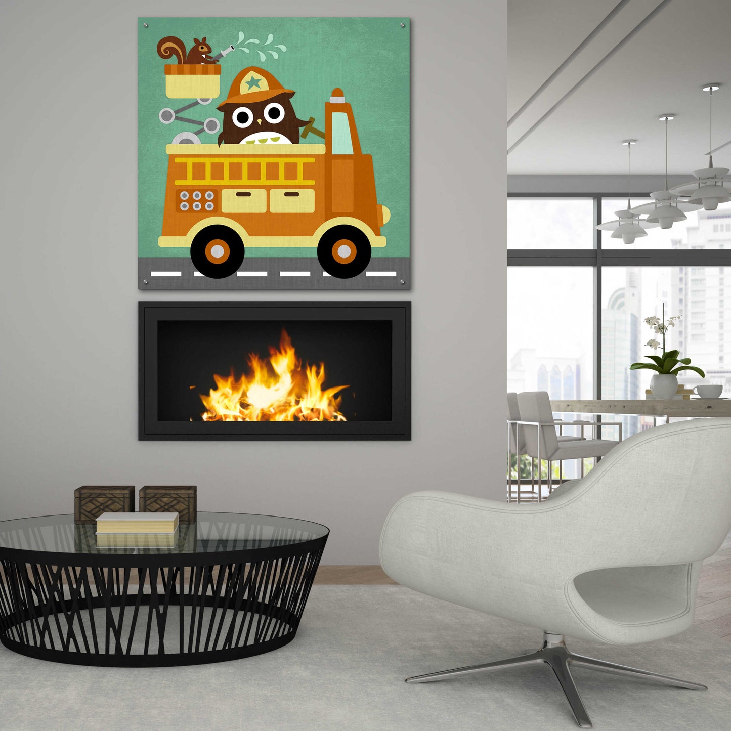 Epic Art 'Owl in Firetruck and Squirrel' by Nancy Lee, Acrylic Glass Wall Art,36x36