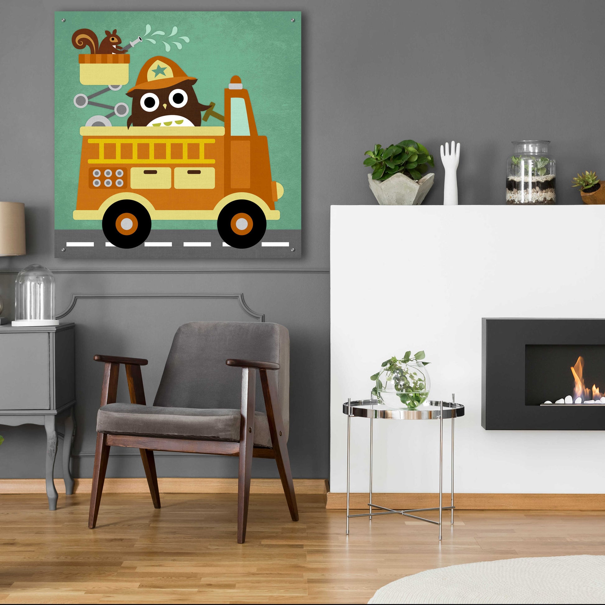 Epic Art 'Owl in Firetruck and Squirrel' by Nancy Lee, Acrylic Glass Wall Art,36x36