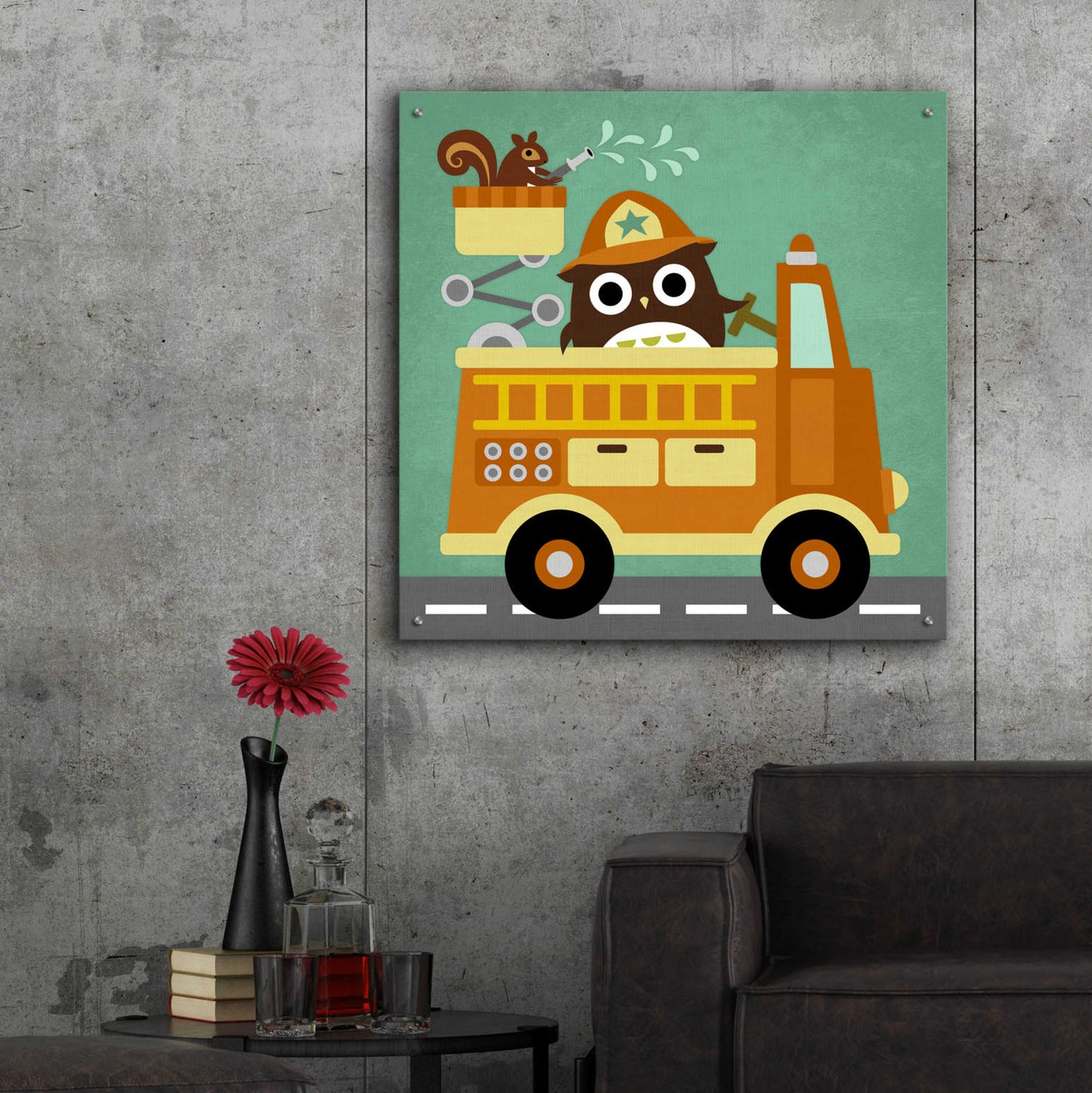 Epic Art 'Owl in Firetruck and Squirrel' by Nancy Lee, Acrylic Glass Wall Art,36x36