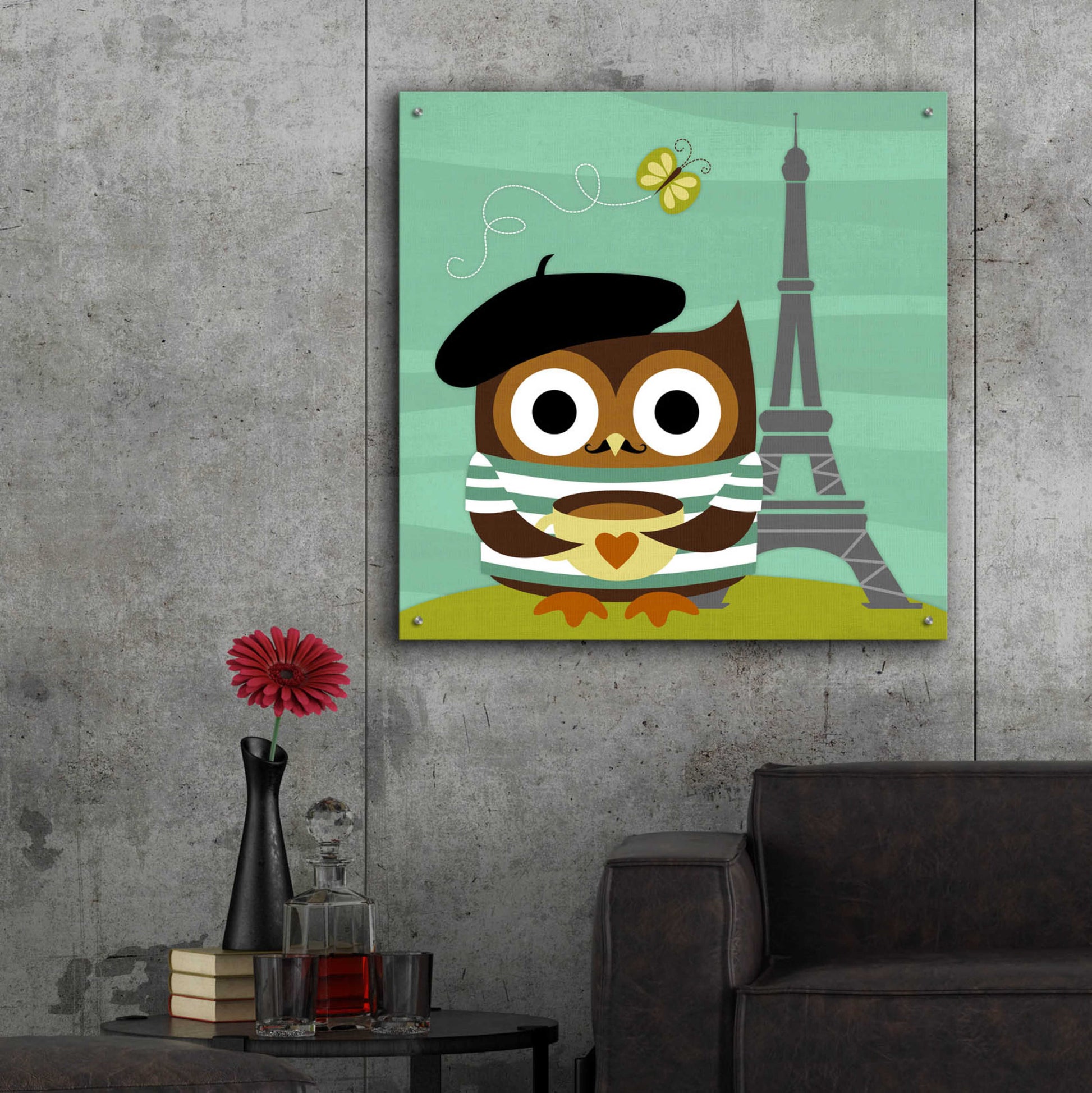 Epic Art 'Owl in Paris' by Nancy Lee, Acrylic Glass Wall Art,36x36