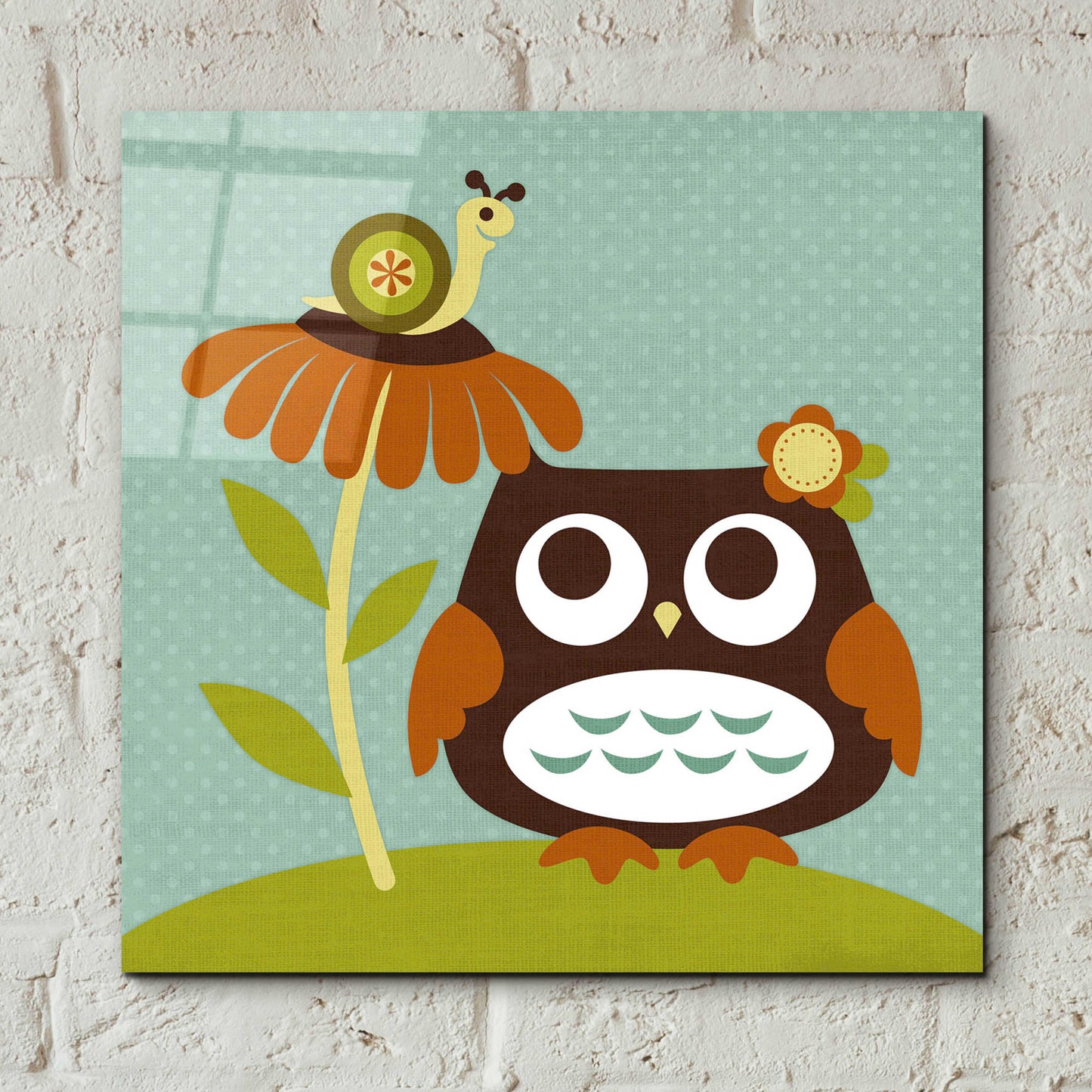 Epic Art 'Owl Looking at Snail' by Nancy Lee, Acrylic Glass Wall Art,12x12