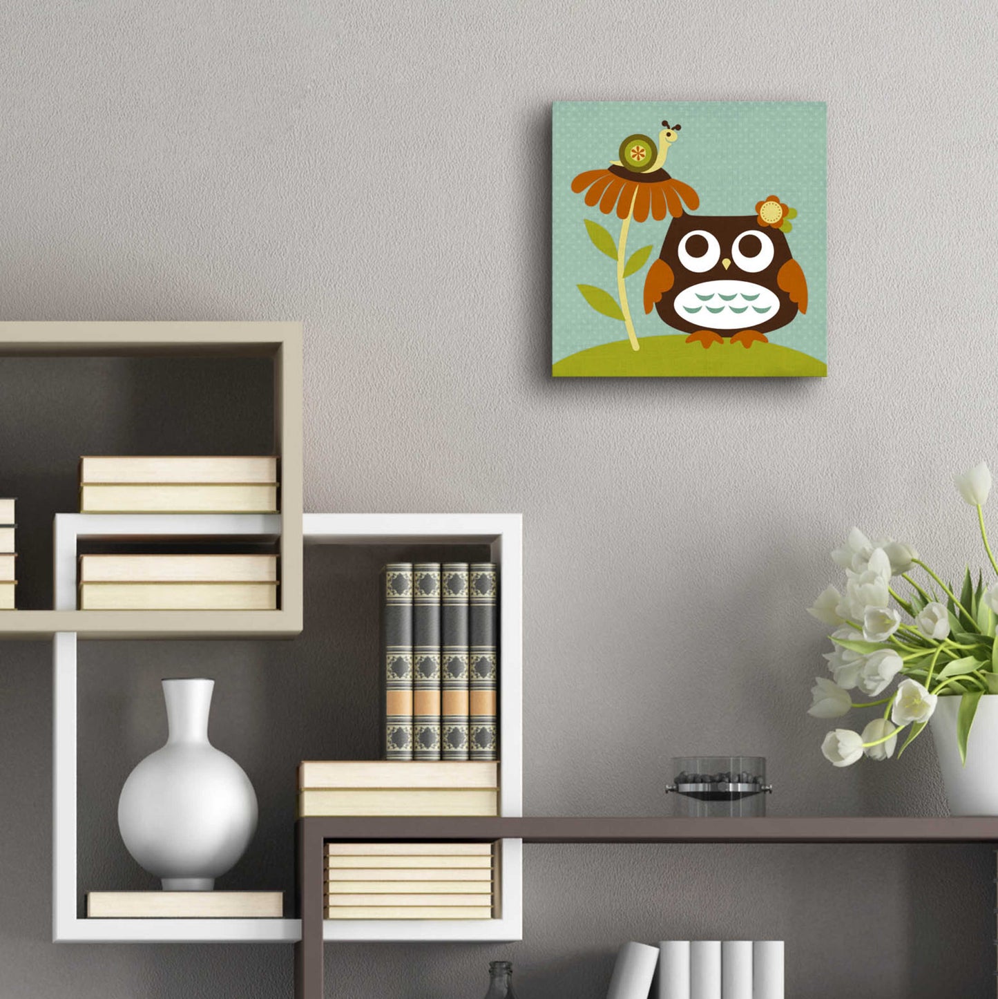 Epic Art 'Owl Looking at Snail' by Nancy Lee, Acrylic Glass Wall Art,12x12