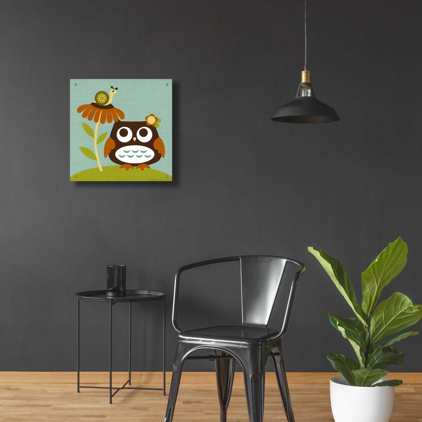 Epic Art 'Owl Looking at Snail' by Nancy Lee, Acrylic Glass Wall Art,24x24