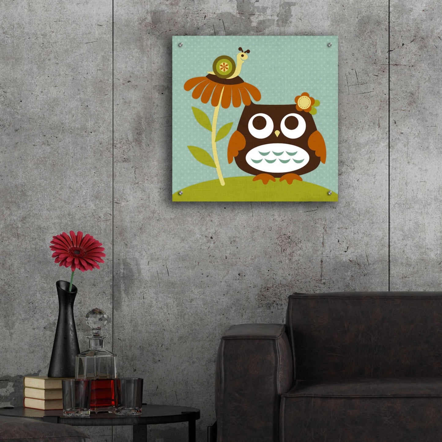 Epic Art 'Owl Looking at Snail' by Nancy Lee, Acrylic Glass Wall Art,24x24