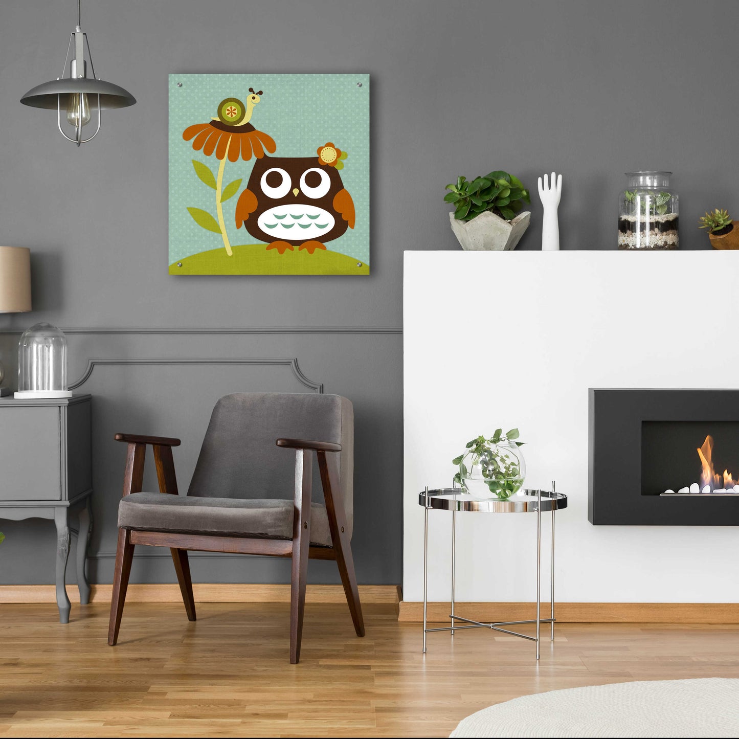 Epic Art 'Owl Looking at Snail' by Nancy Lee, Acrylic Glass Wall Art,24x24