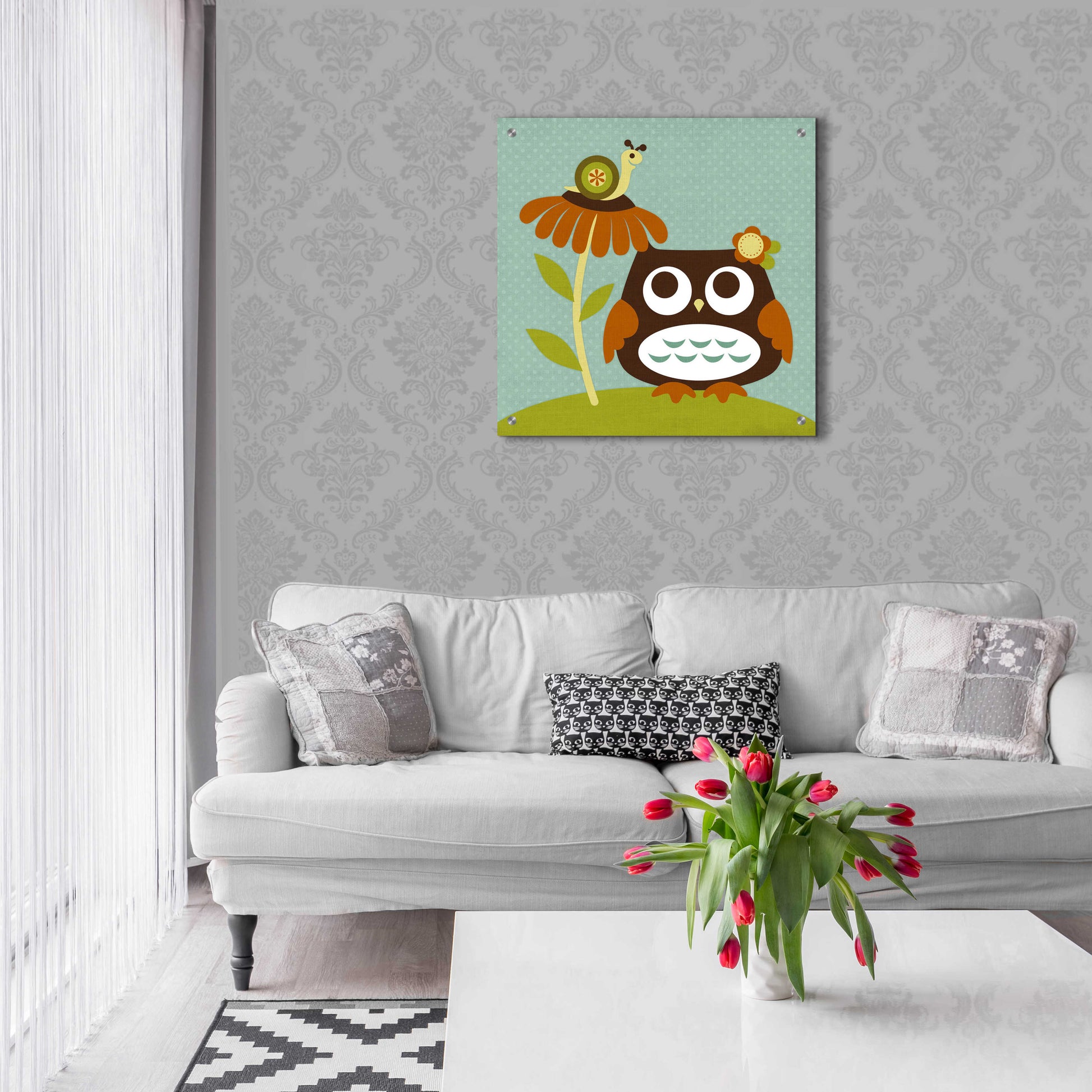 Epic Art 'Owl Looking at Snail' by Nancy Lee, Acrylic Glass Wall Art,24x24